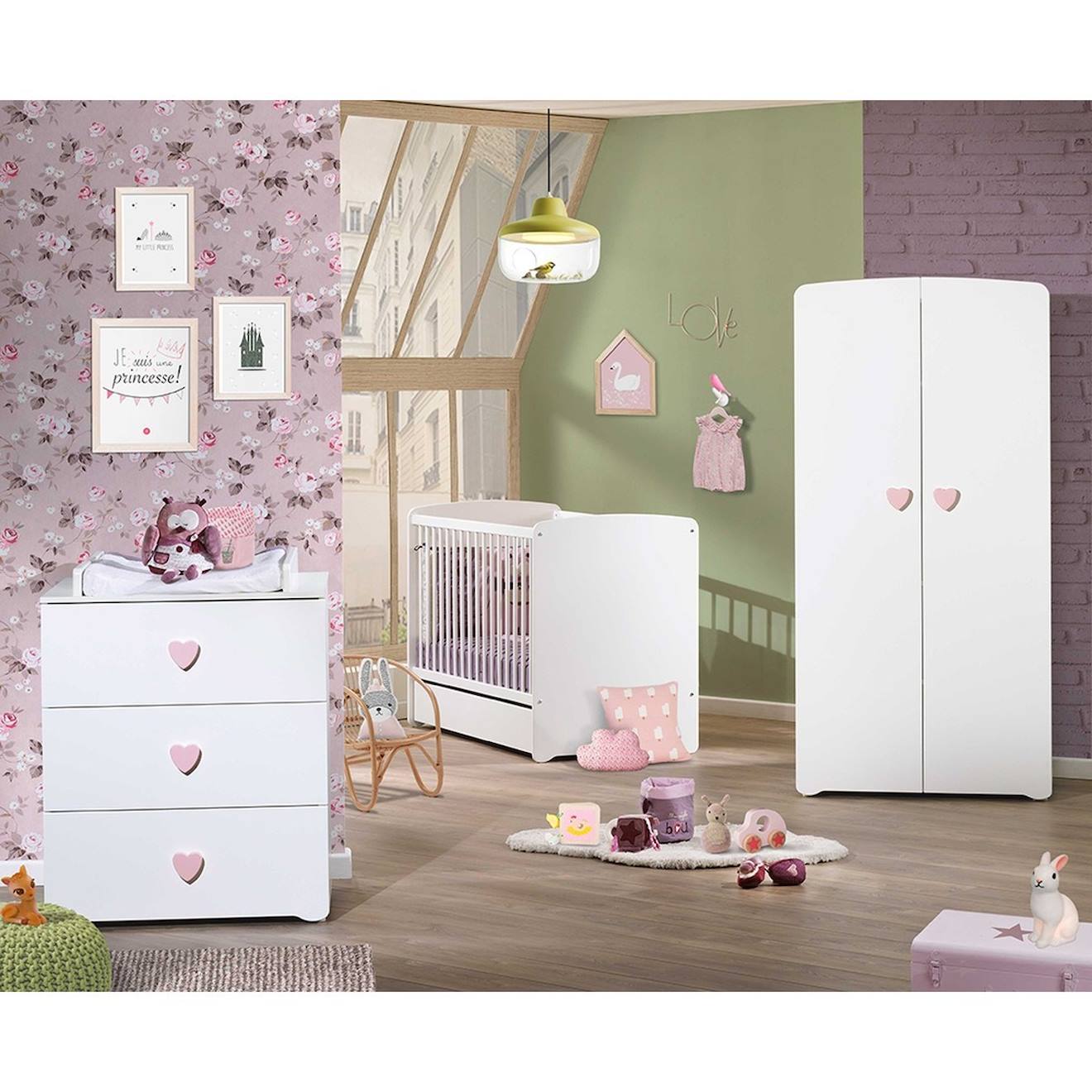 Baby Price - Chambre Complète Bébé Avec Lit À Barreaux, Commode À Langer Et Armoire 2 Portes Blanc/rose