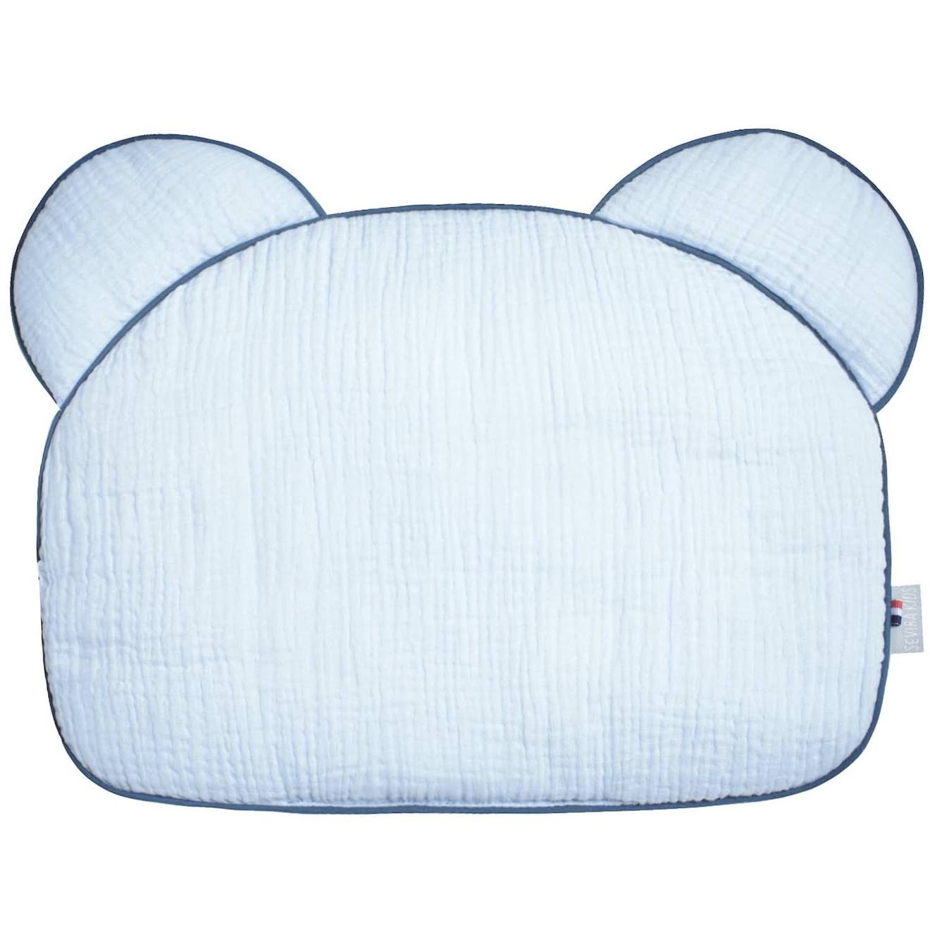 Sevira kids - Oreiller Bébé Plat Ourson En Gaze De Coton Jeanne Bleu