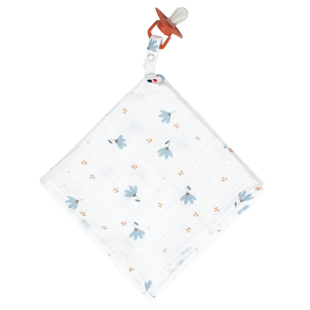 Doudou Lange Attache Tétine En Gaze De Coton Blanc Imprimé Bleuet
