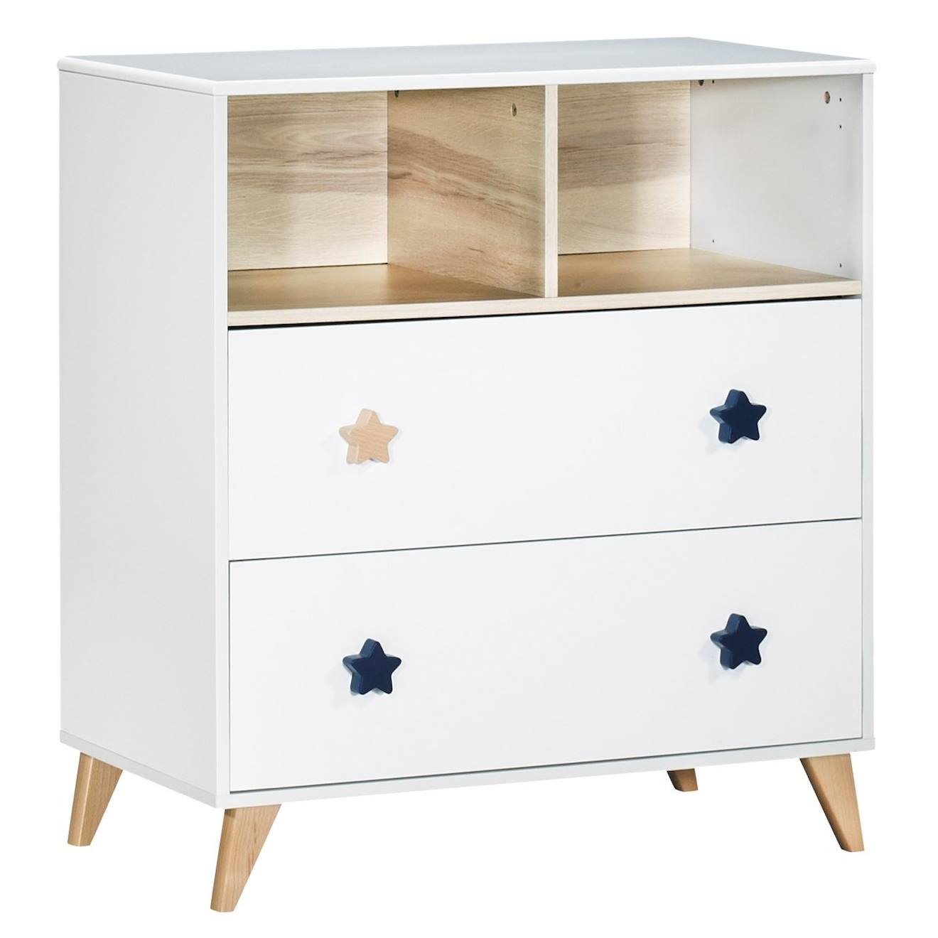 Commode 2 Tiroirs 2 Niches Boutons Étoile Blanc
