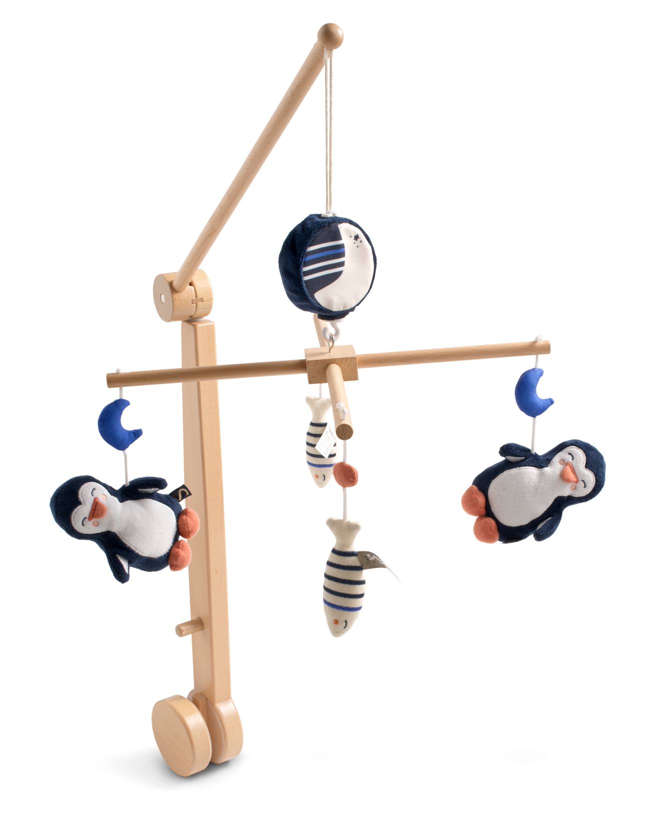 Mobile Musical En Bois Avec Jouets Pingouin Bleu