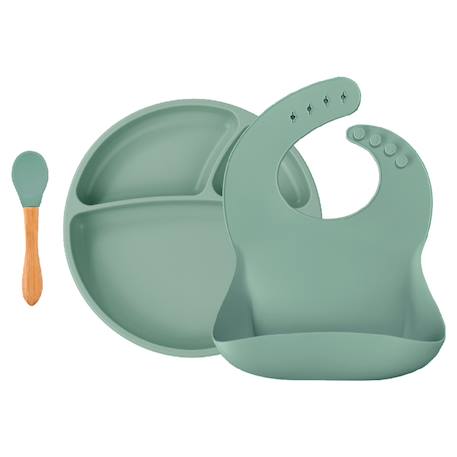 Minikoioi - Coffret Repas Comme Un Grand Assiette Cuillère Bavoir Vert Amande