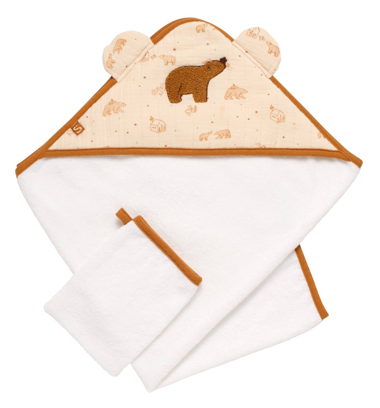 Cape De Bain Et Gant En Double Gaze De Coton Et Éponge Beige