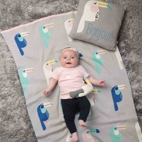 Couverture en coton bio gots Écru, dino+Écru, hippo+Écru, motifs bleu+Gris, champi+Gris, chatons+Gris, flammant rose+Gris, licorne+Multicolore, toucan+Rose, chat 40 - vertbaudet enfant 