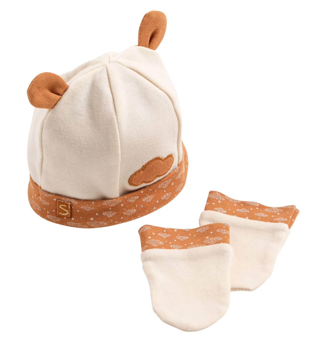 Lot Bonnet Et Moufles Bébé En Coton Marron/beige