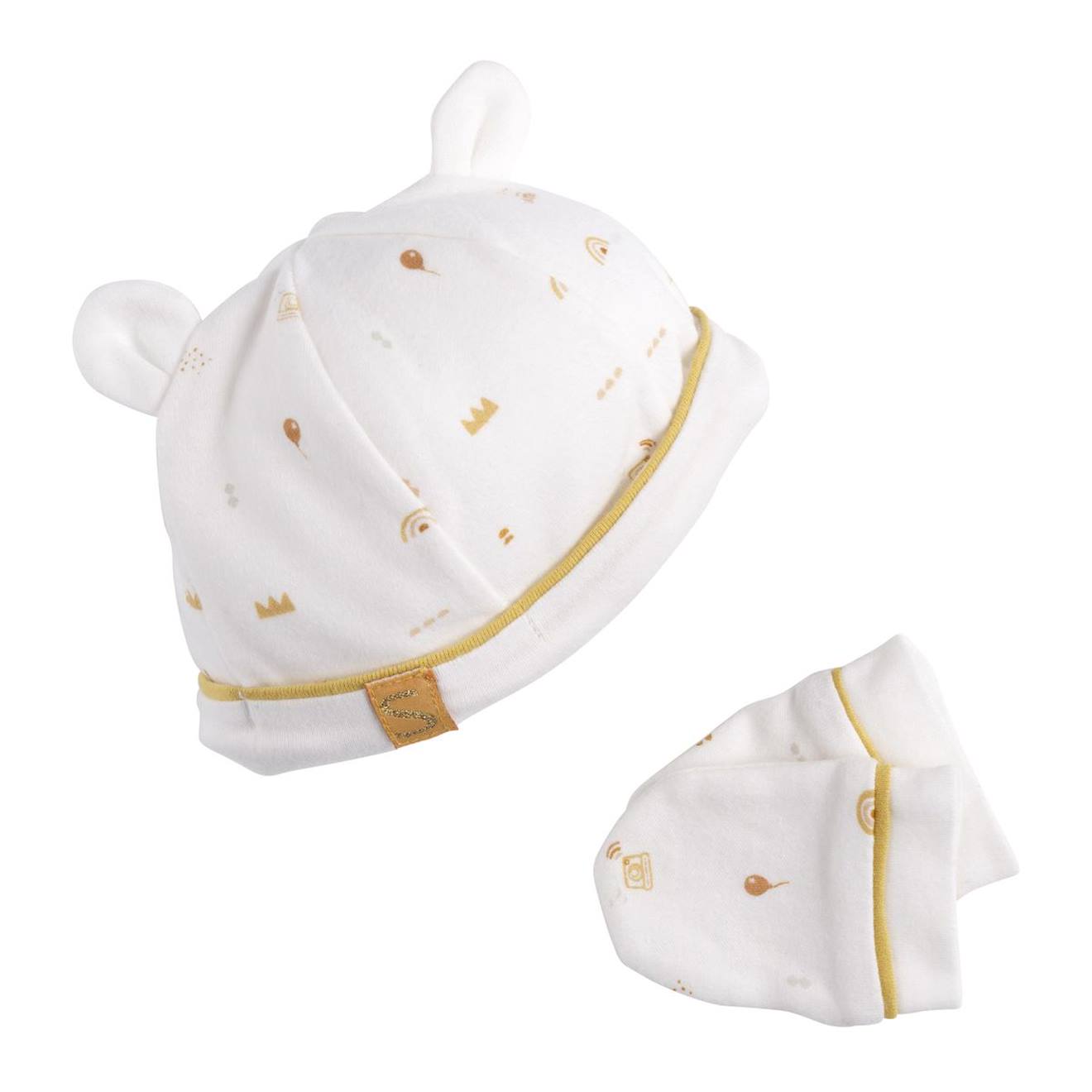 Lot Bonnet Et Moufles Bébé En Coton Blanc