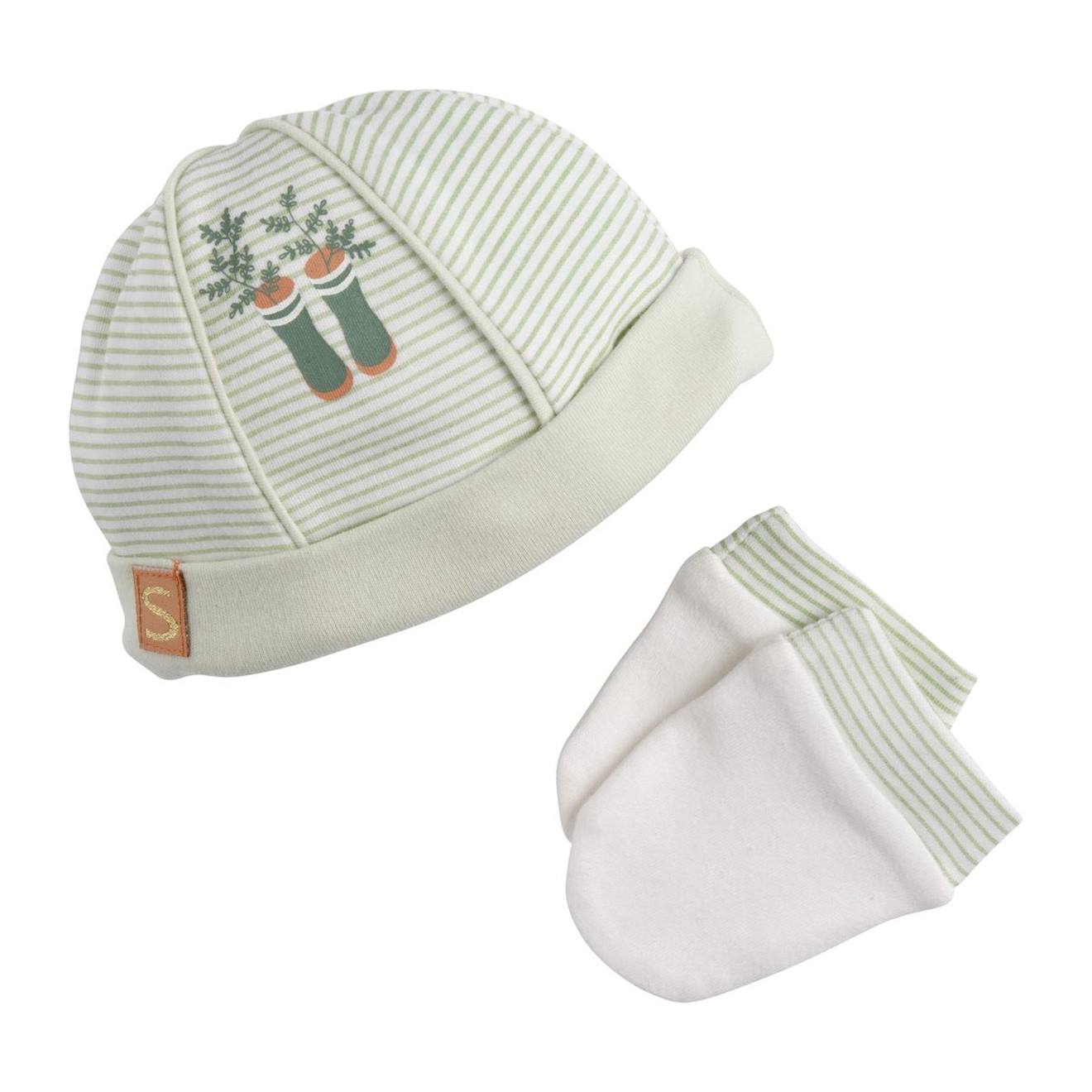 Lot Bonnet Et Moufles Bébé En Coton Vert
