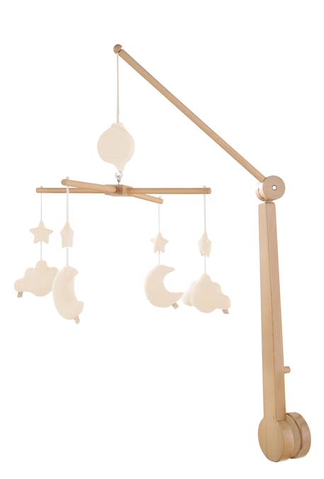 Sauthon - Mobile Musical Bébé En Bois Avec 4 Jouets - Uni Petale Beige