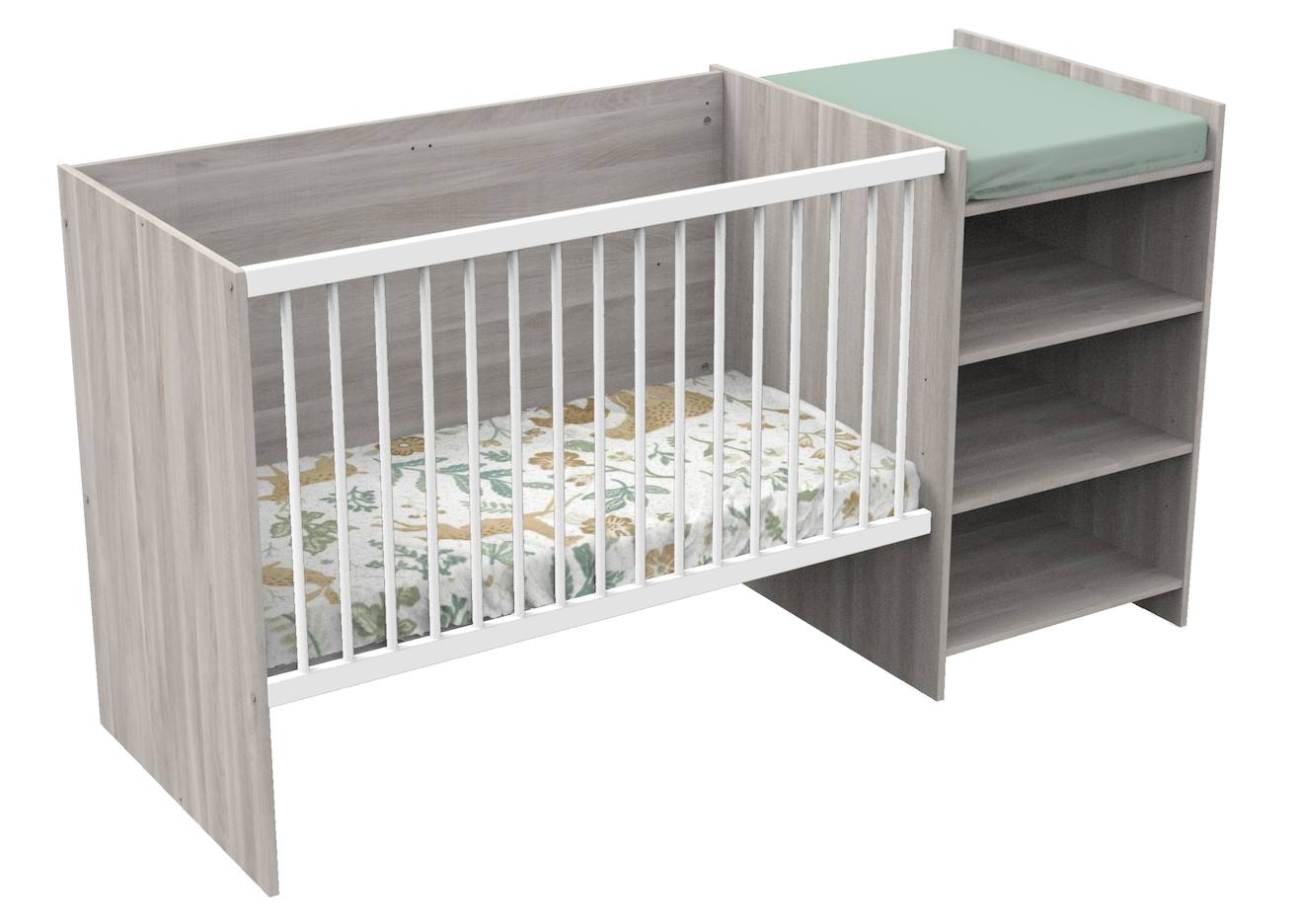 Baby Price - Lit Bébé Combiné Évolutif En Décor Bois Avec Commode À Langer Étagère Gris