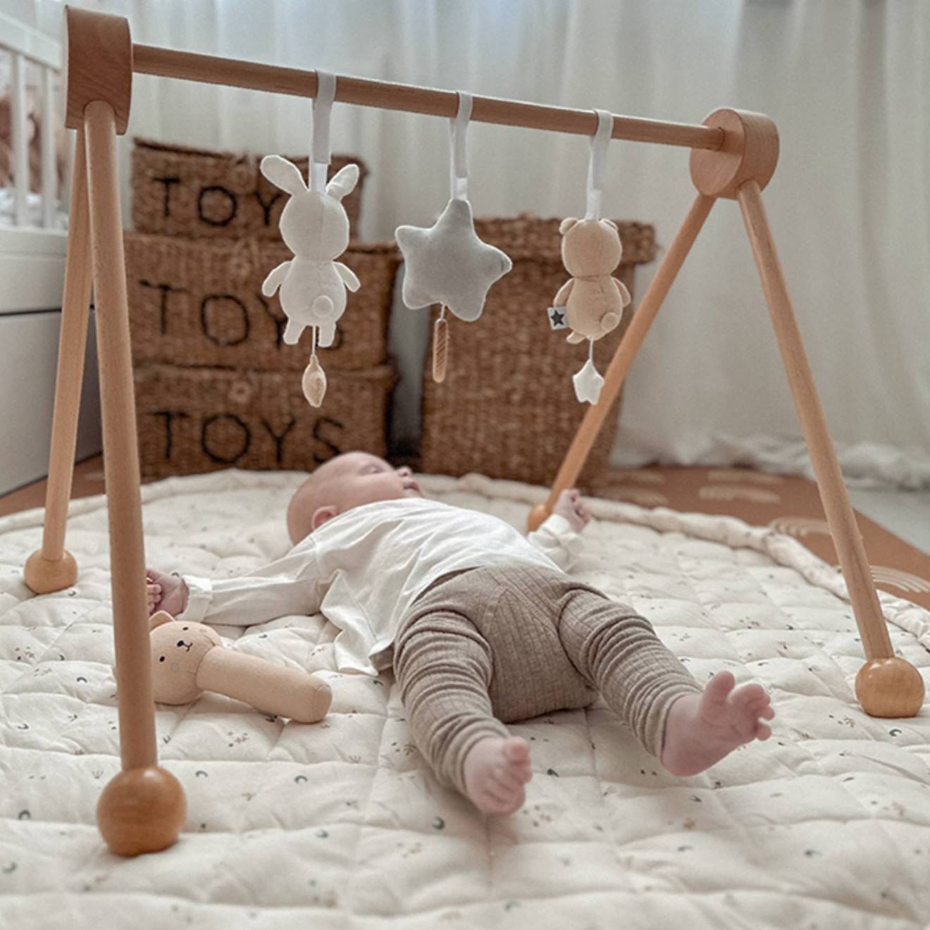 Arche D'éveil Bébé En Bois Pliable - Portique Avec Jouets Sensoriels - Pour Poussette, Parc, Tapis - En Pin Naturel, 0-12 Mois - 10