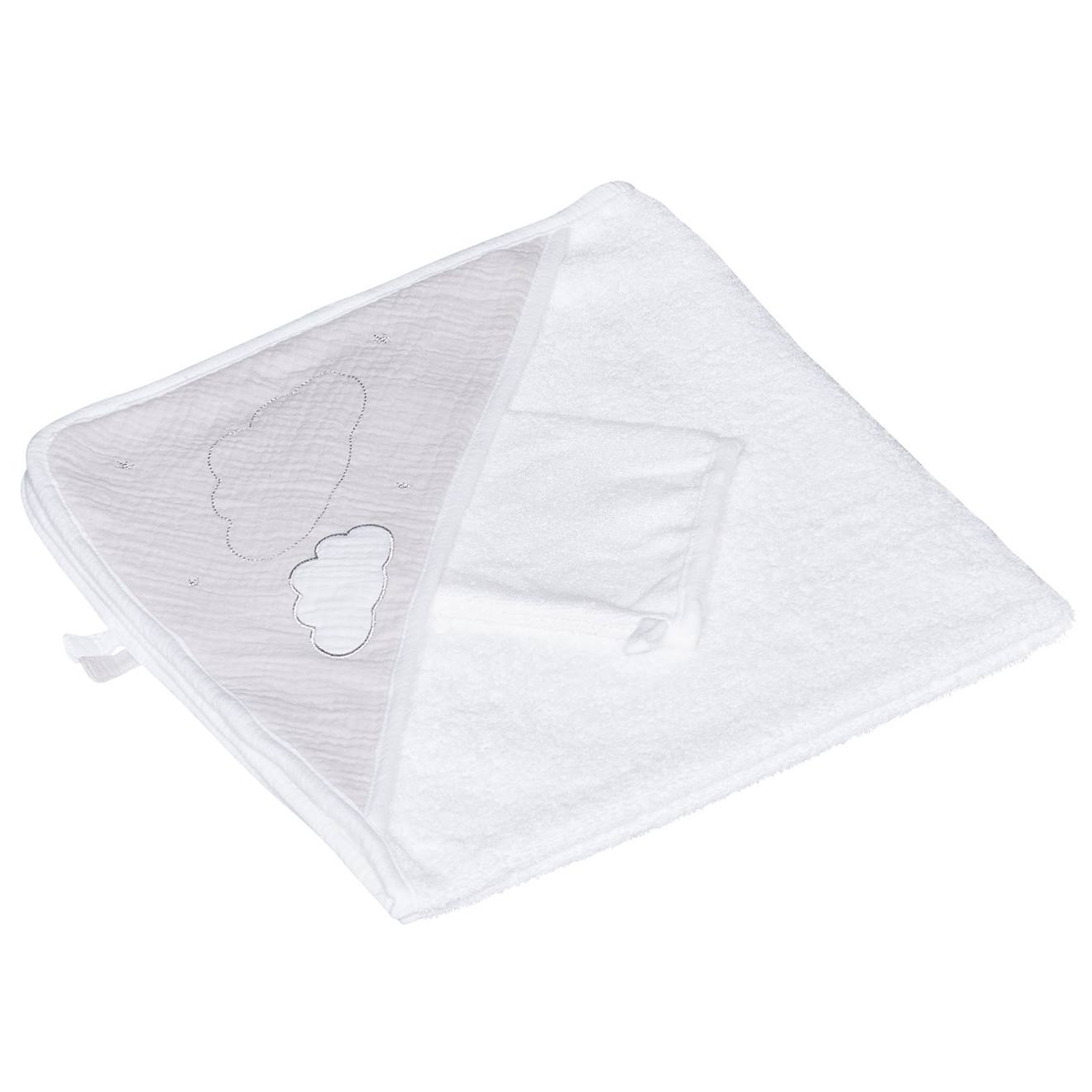 Cape De Bain Et Gant En Coton Blanc/gris