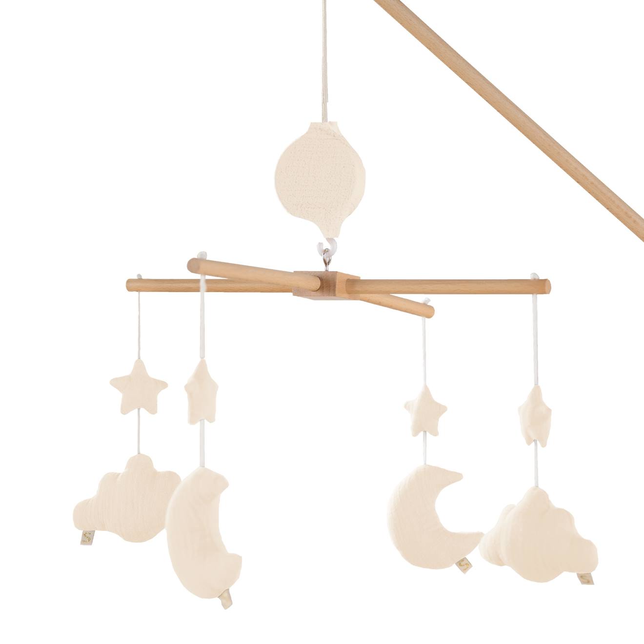 Mobile Musical Bébé En Bois Avec 4 Jouets - Uni Petale Beige (Sauthon) - Image 1