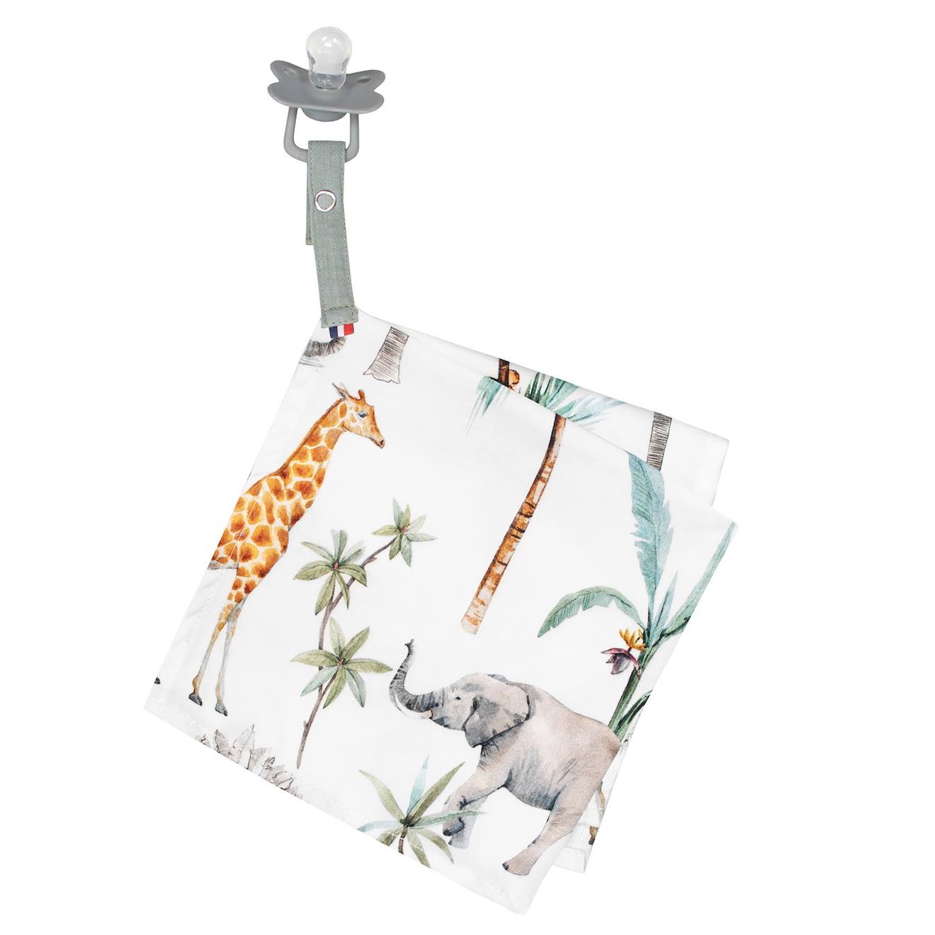 Doudou Lange Attache Tétine En Coton Safari Blanc Imprimé Safari