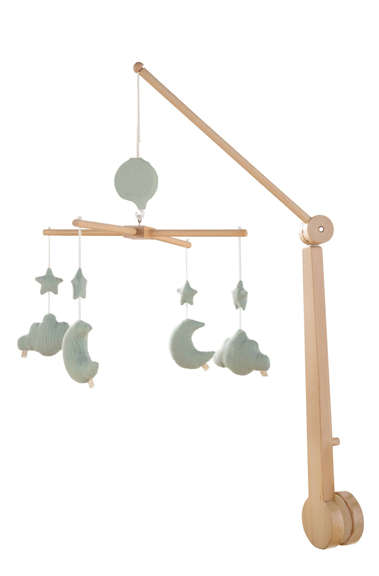 Mobile Musical Bébé En Bois Avec 4 Jouets - Uni Petale Vert