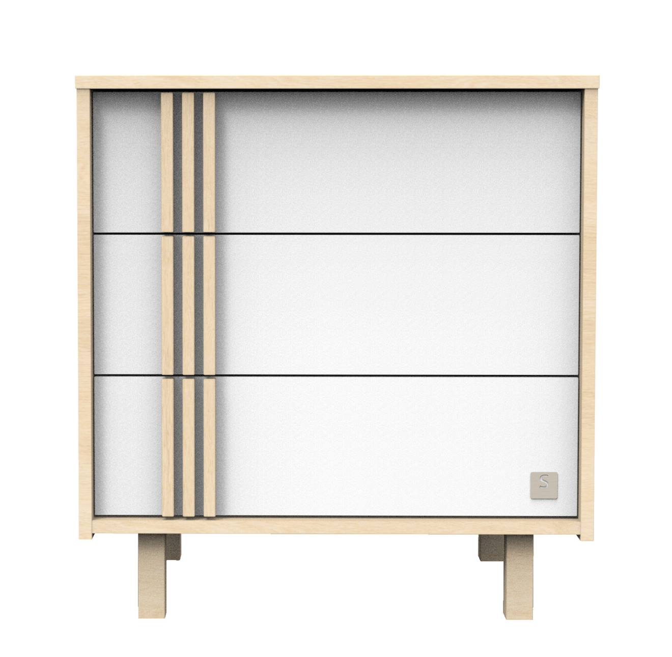 Commode 3 Tiroirs En Décor Chêne Velours Et Avec Appliques En Bois - Nature Blanc