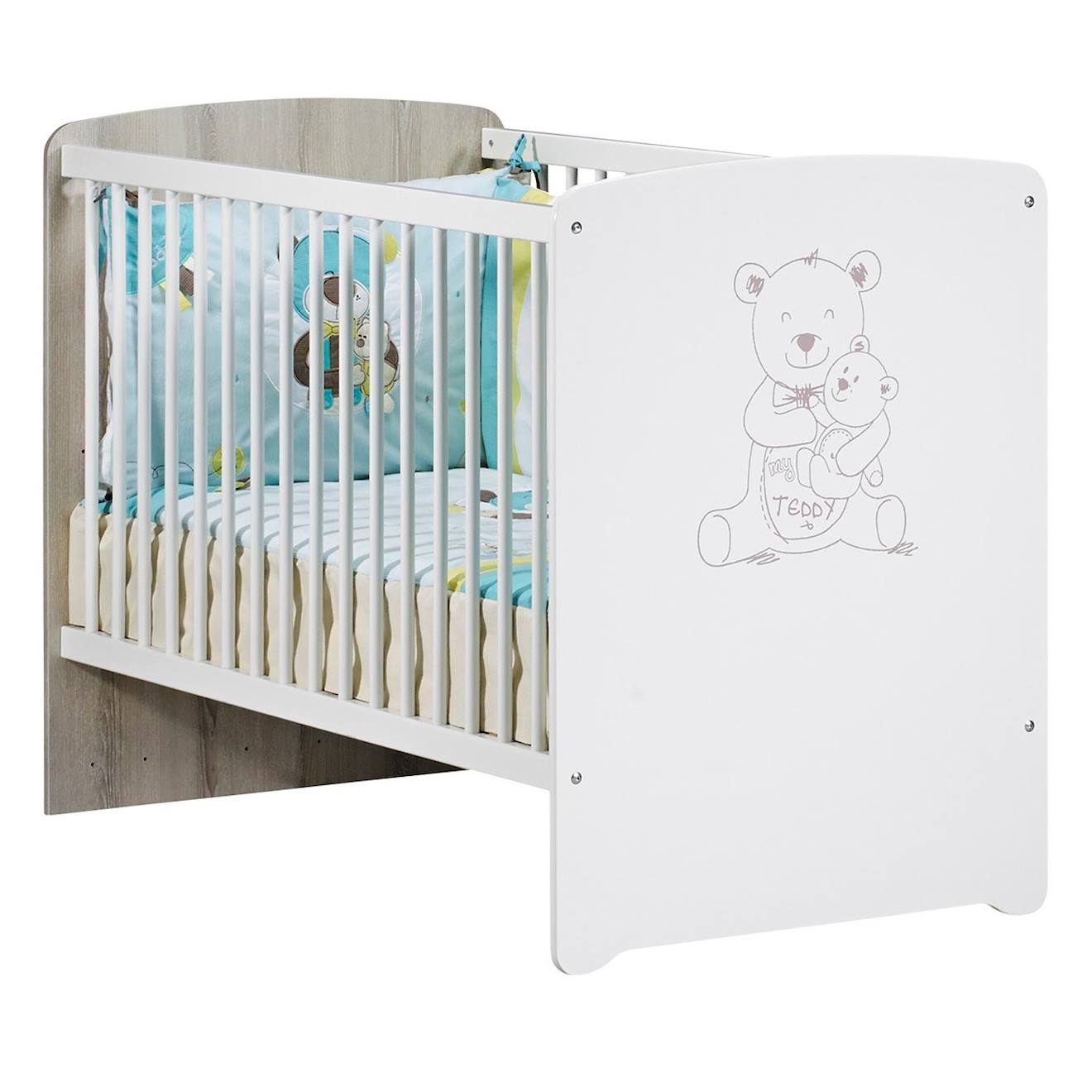 Lit Bébé Sérigraphié Taupe En Bois Blanc
