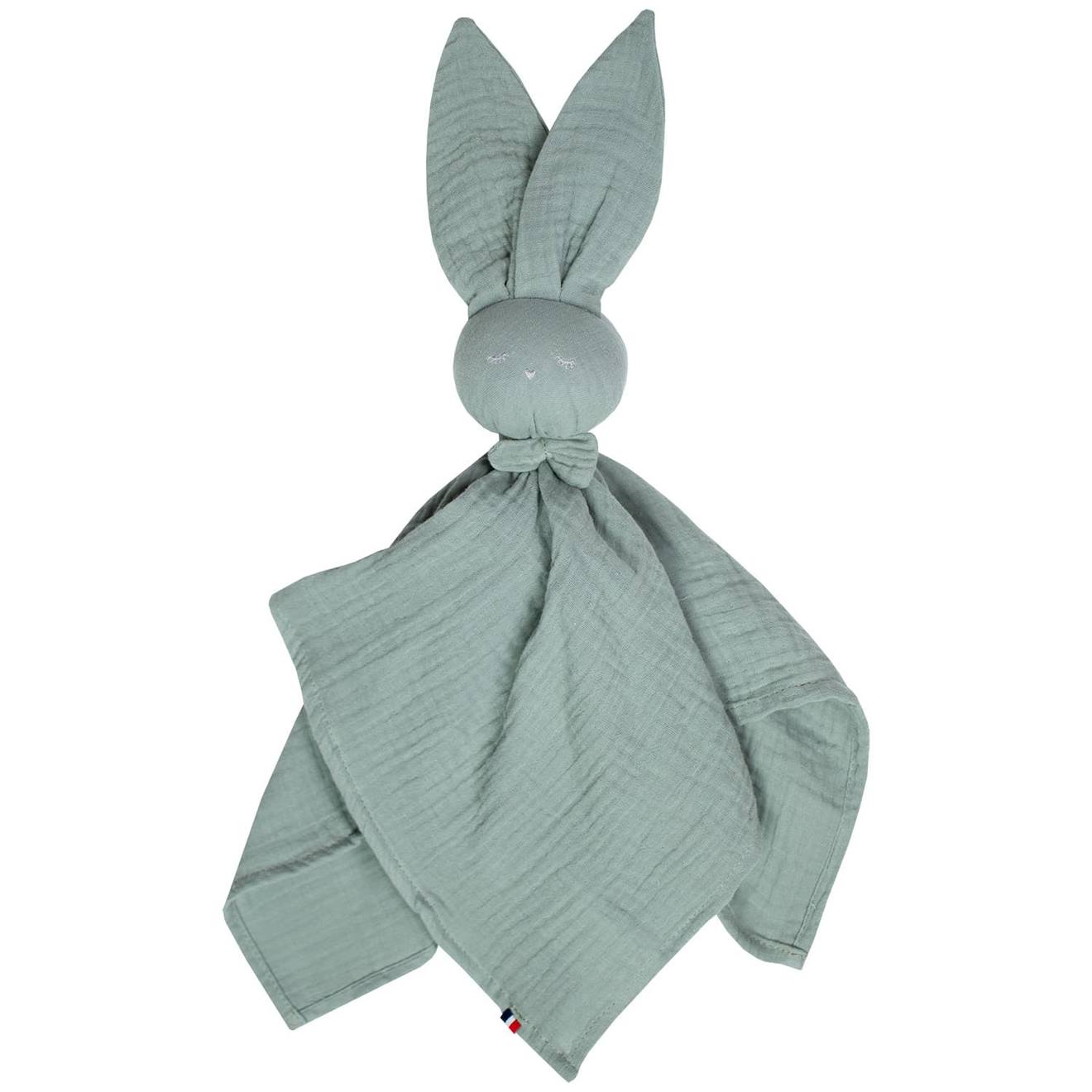 Doudou Lapin En Gaze De Coton Jeanne Vert De Gris