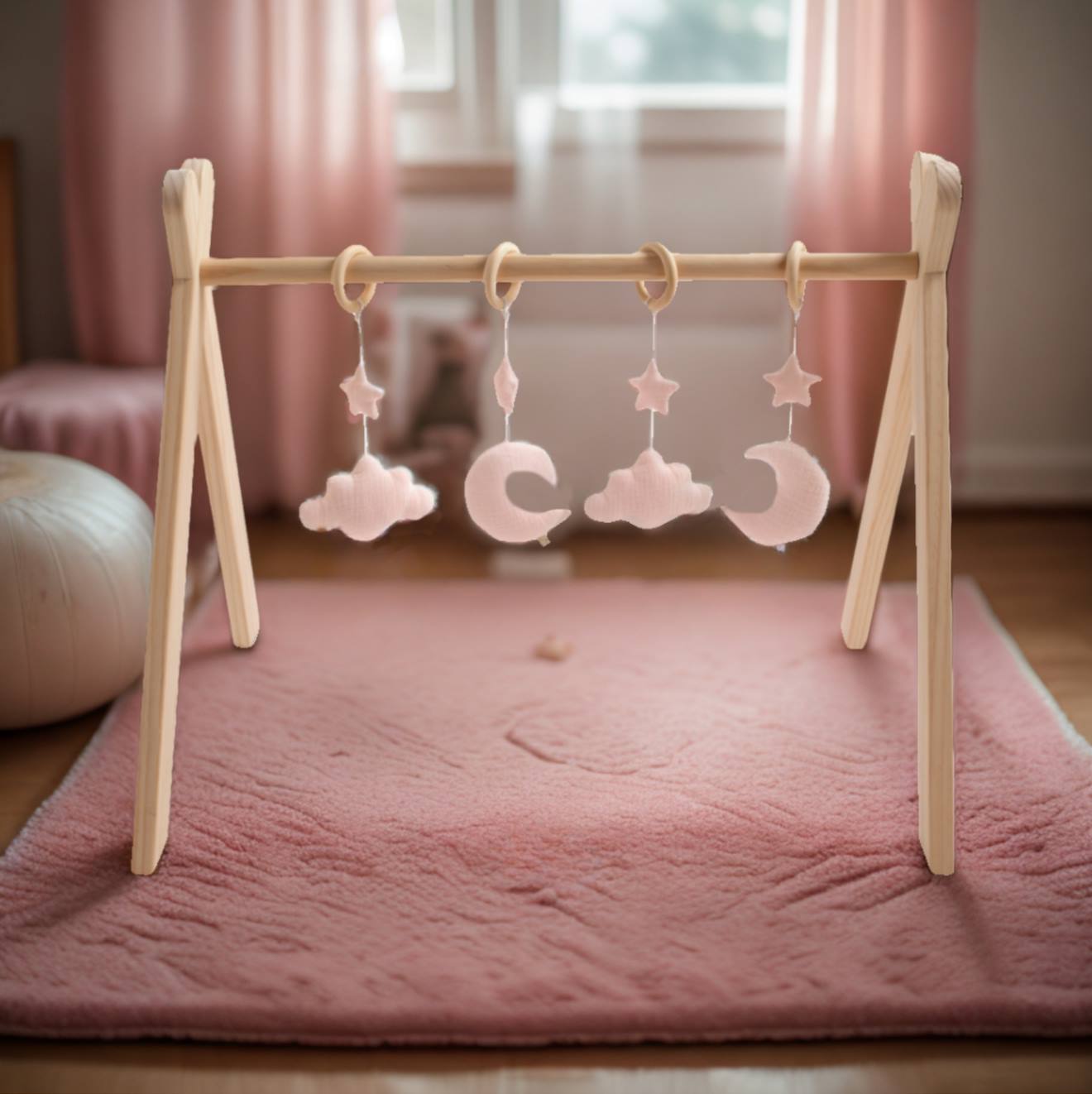 Arche D'éveil Bois Avec 4 Jouets - Uni Sauge Rose (Sauthon) - Image 1