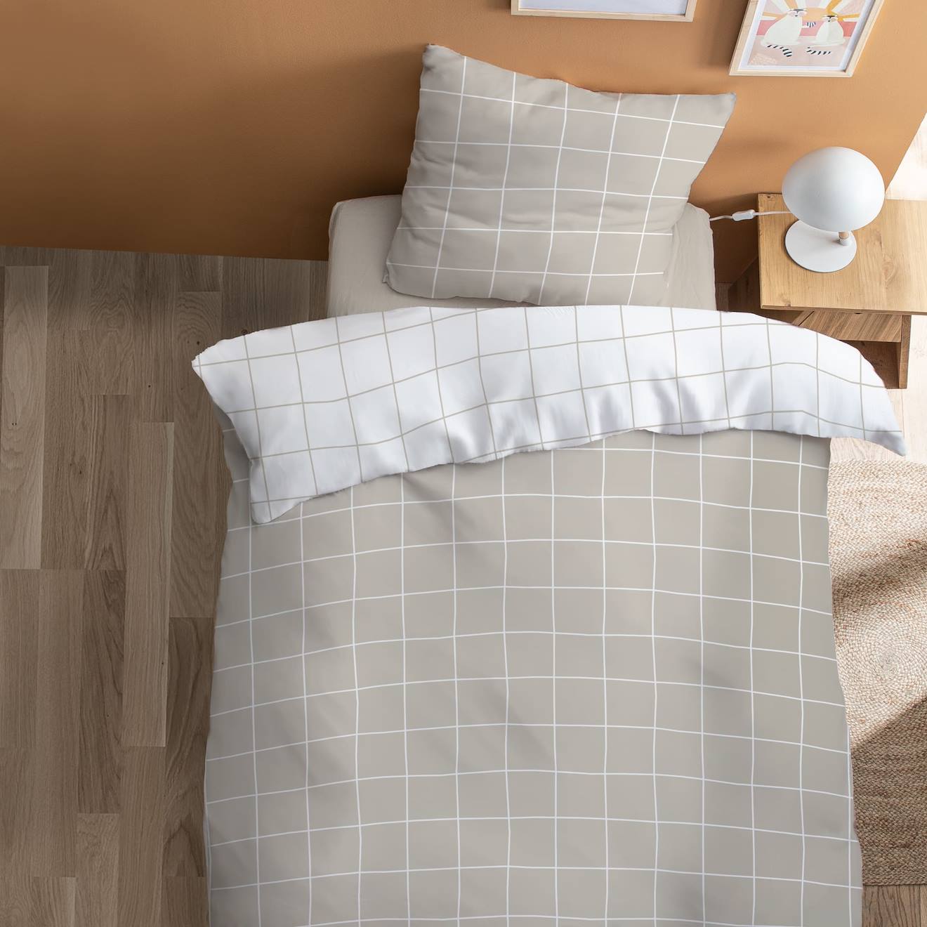 Parure de lit imprimée 100% coton, checks grège