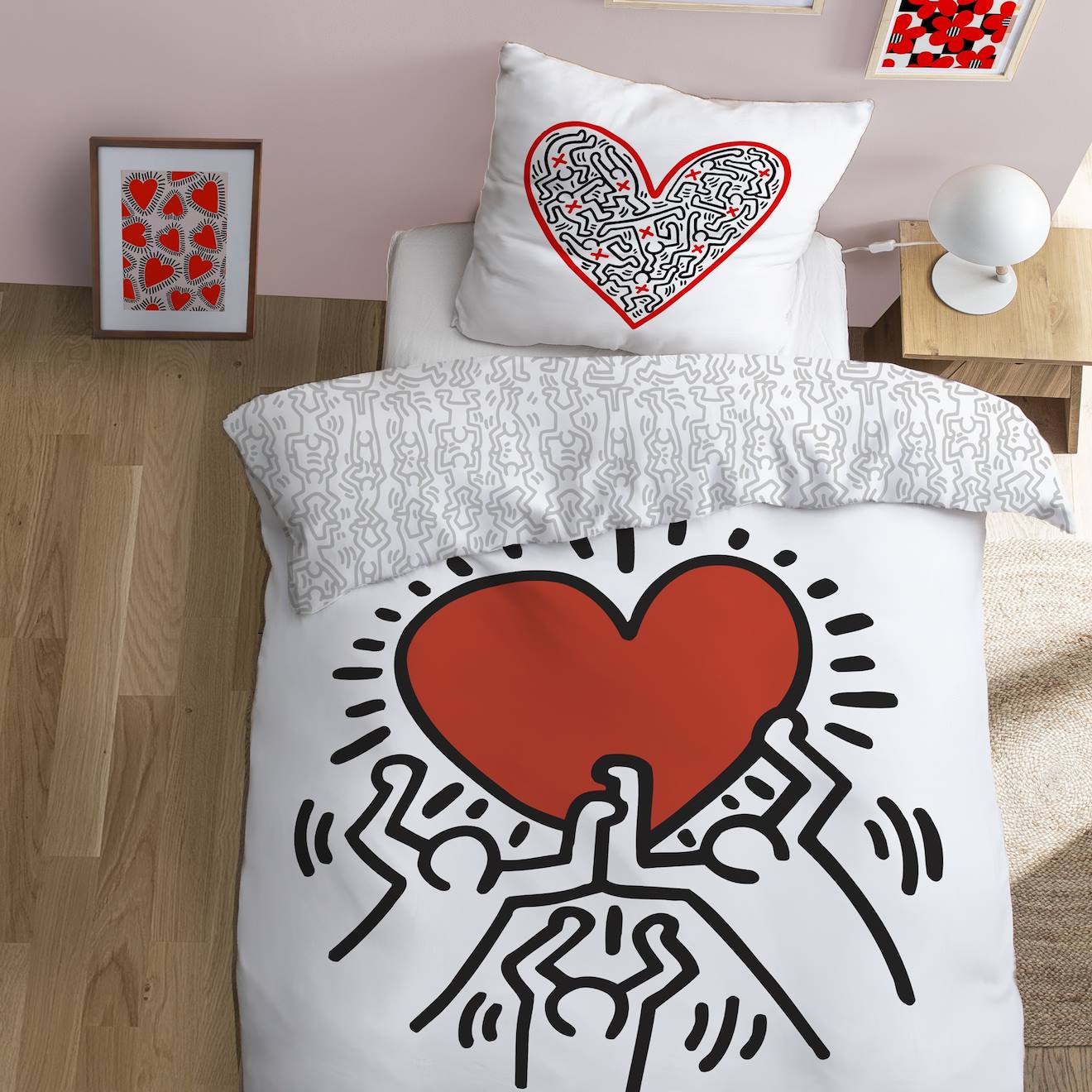 Parure De Lit Imprimée 100% Coton, Keith Haring Red Love Blanc/rouge