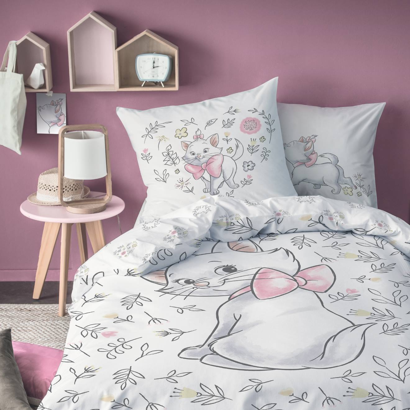 Parure De Lit Imprimée 100% Coton, Disney Home Les Aristochats Champêtre Blanc