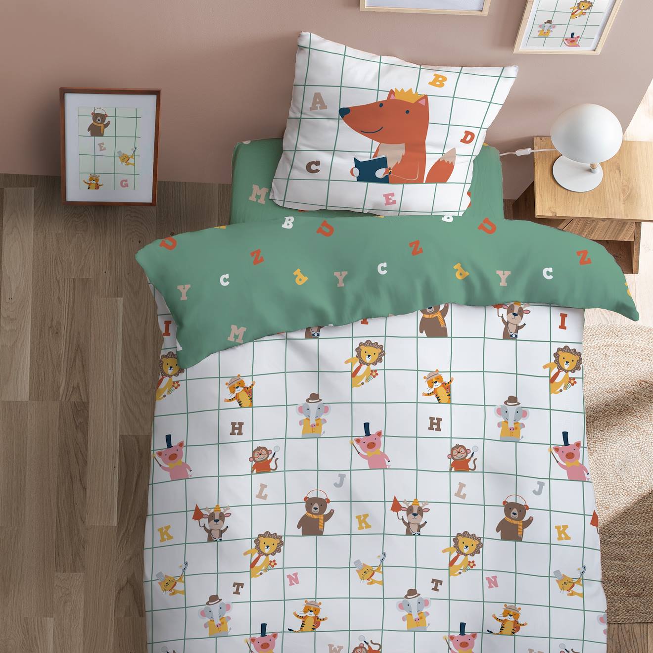 Parure de lit imprimée 100% coton, karo animo blanc, vert
