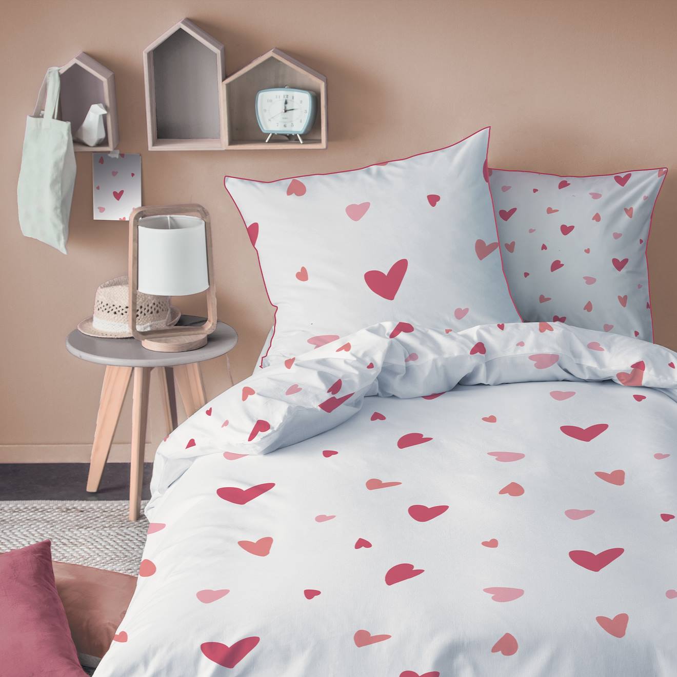 Parure De Lit Imprimée 100% Coton, Heart Blanc, Rose