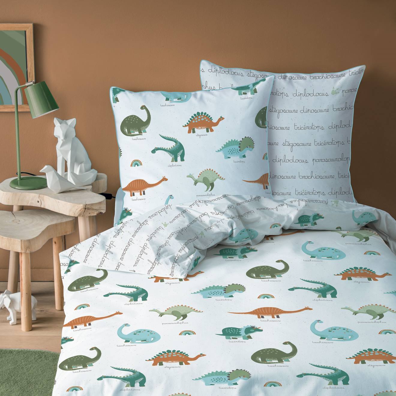 Parure De Lit Imprimée 100% Coton, Dinos Blanc