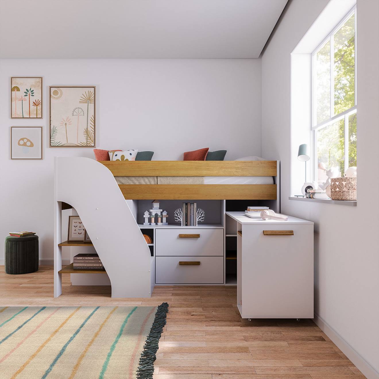 Lit Mi-hauteur Combiné Avec Bureau Sahara Blanc Et Noisette