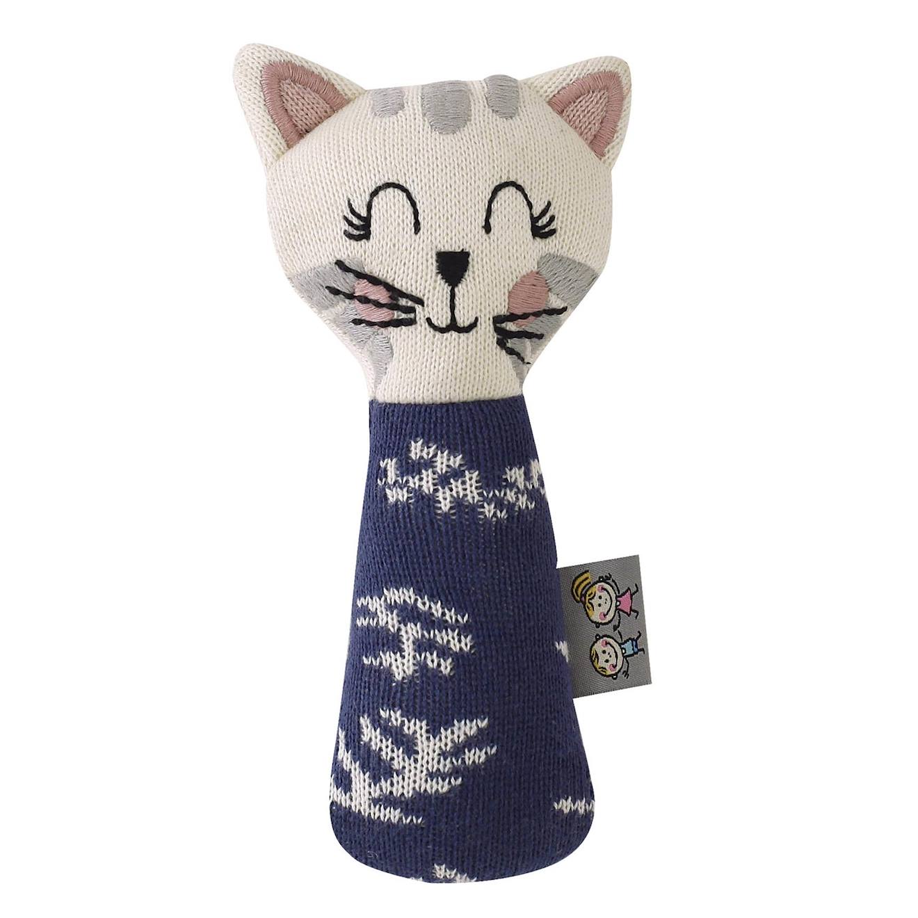 Hochet Tricoté En Coton Bio Chaton Bleu