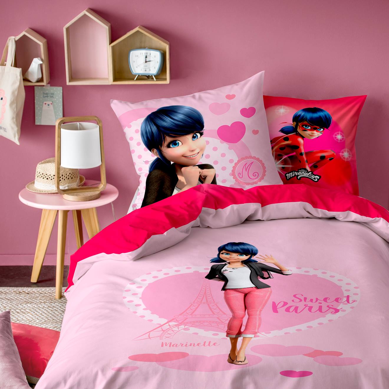 Parure De Lit Imprimée Double Face 100% Coton, Miraculous Ladybug Héroïne Rose