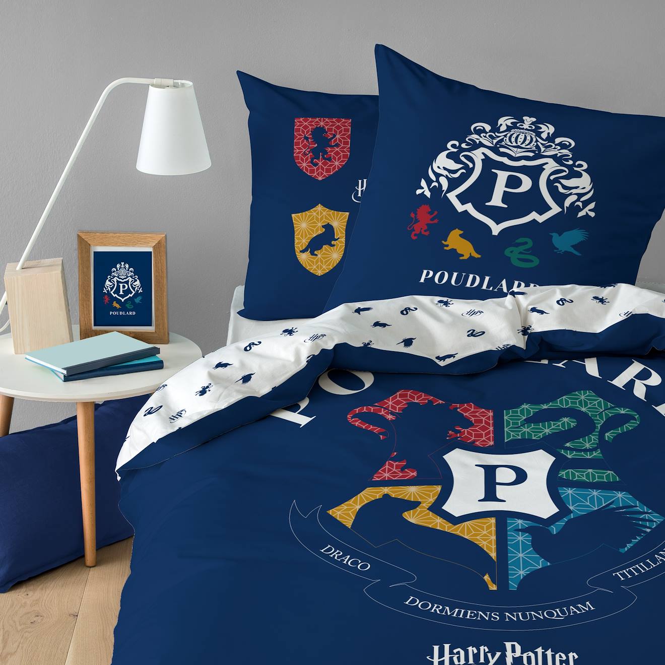 Parure De Lit Imprimée 100% Coton, Harry Potter Blason Bleu Marine