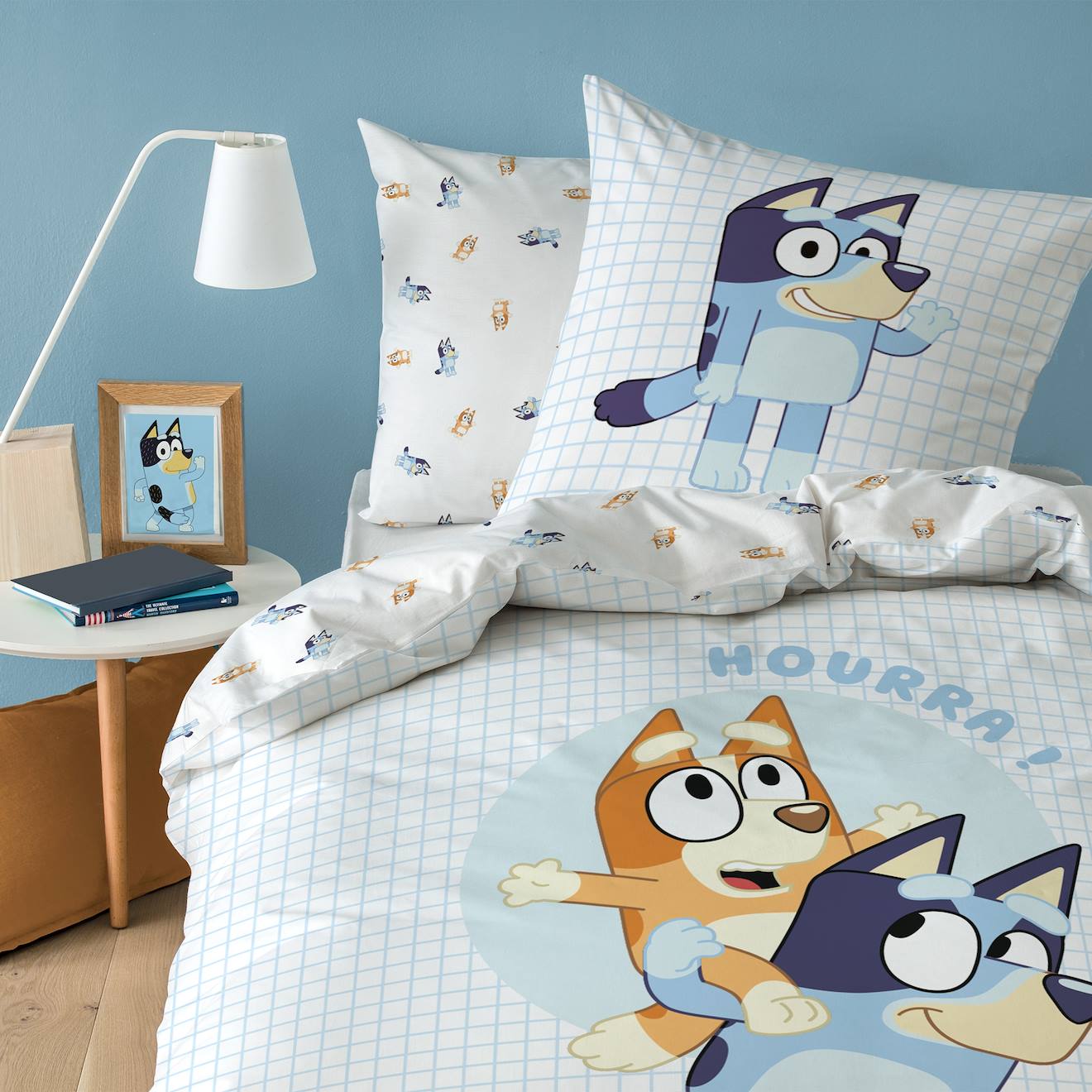 Parure de lit imprimée 100% coton, bluey hourra bleu