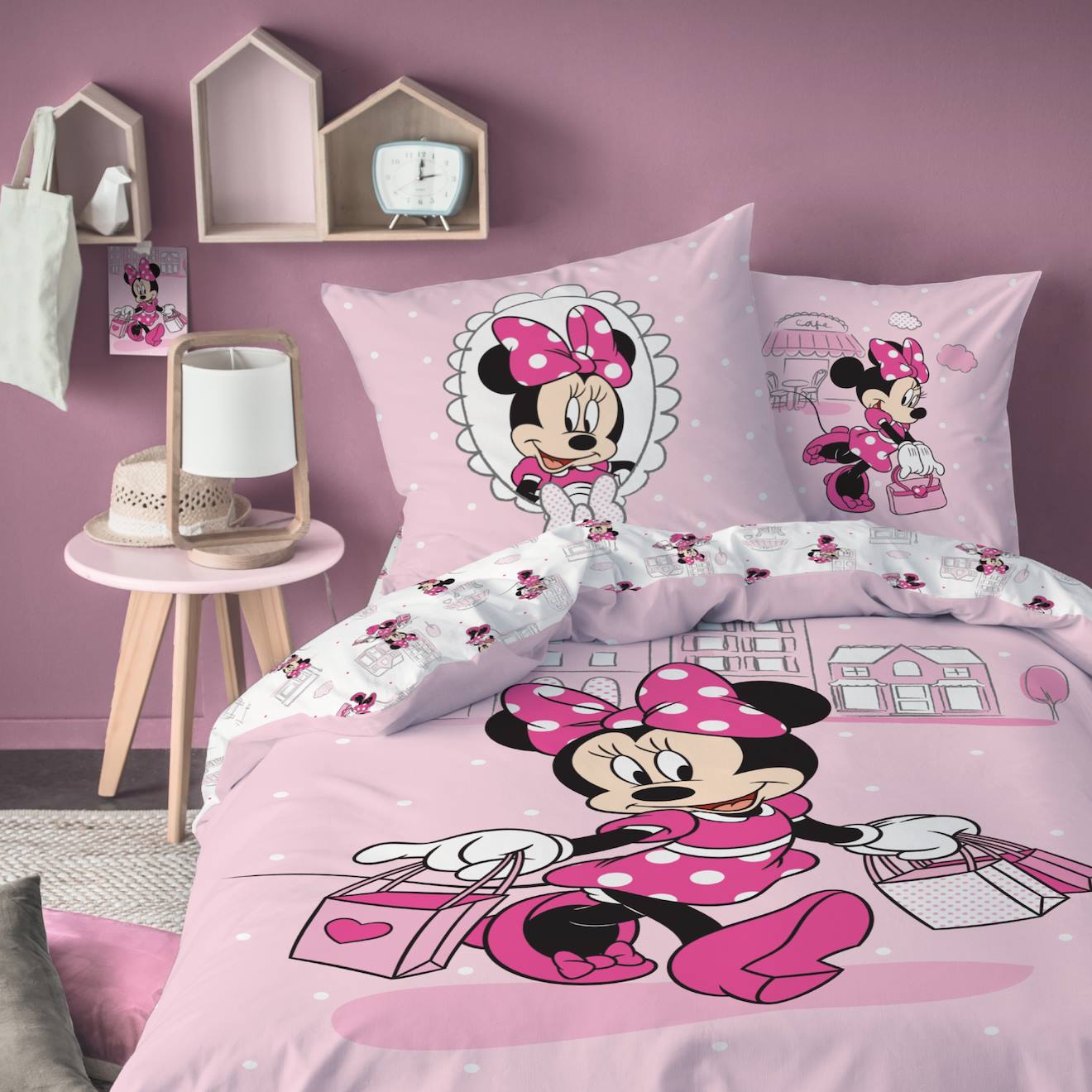 Parure De Lit Imprimée 100% Coton, Disney Home Minnie Shopping Rose