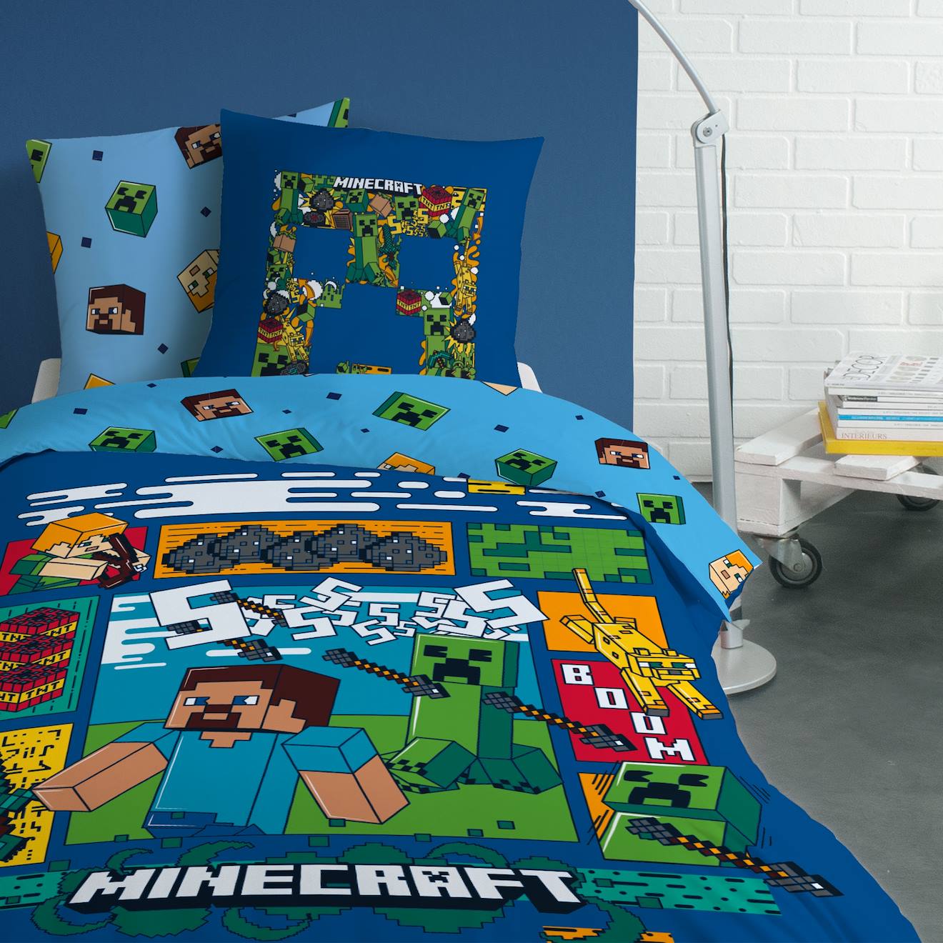 Parure De Lit Imprimée 100% Coton, Minecraft Update Bleu Nuit