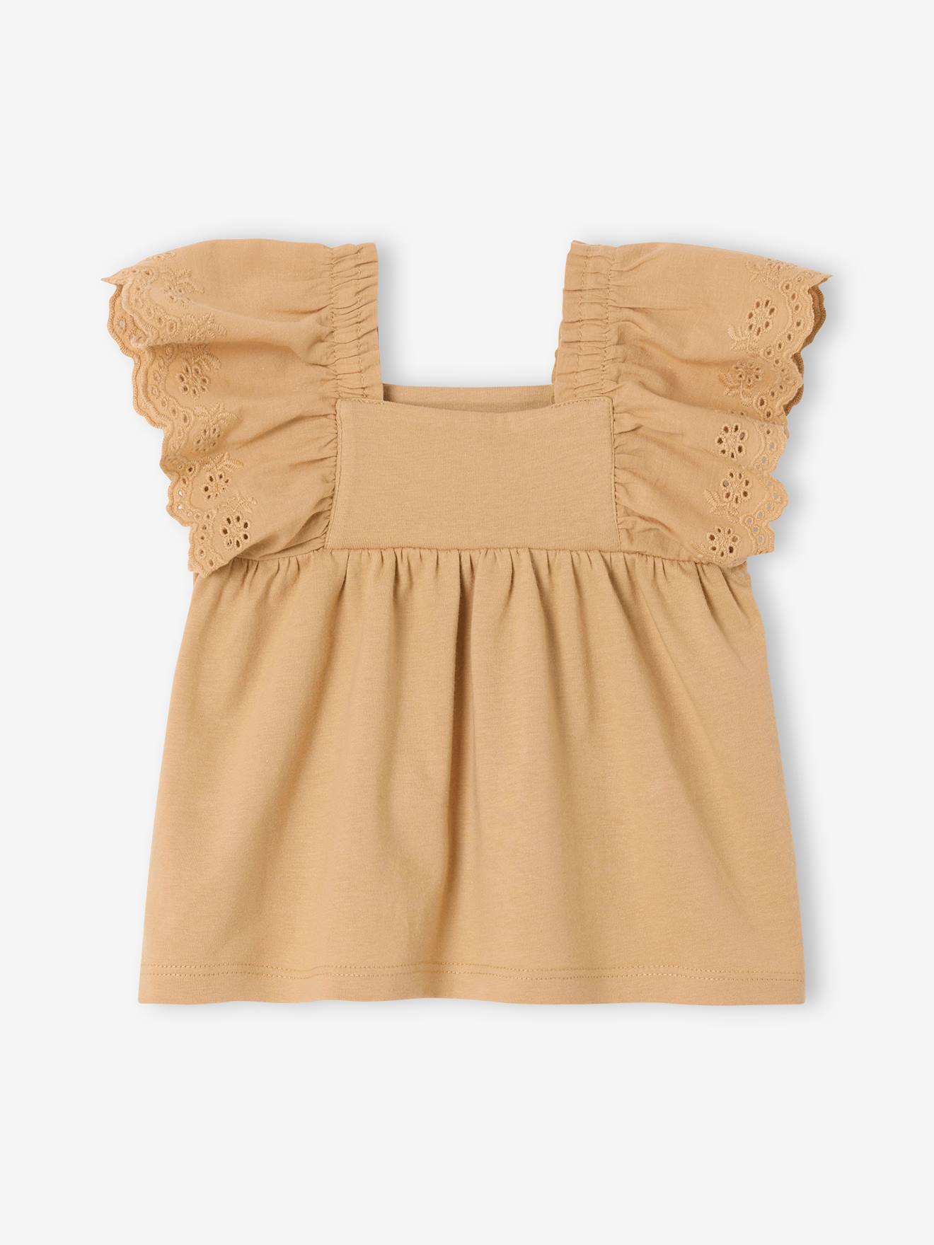 T-shirt encolure carrée en broderie anglaise bébé cappuccino