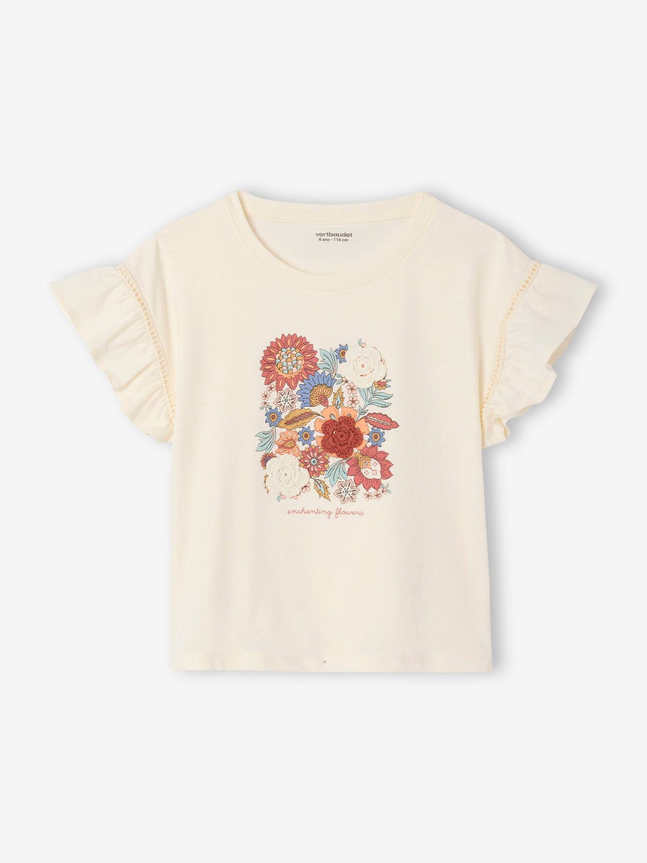 T-shirt à fleurs brodées fille manches courtes à volant écru