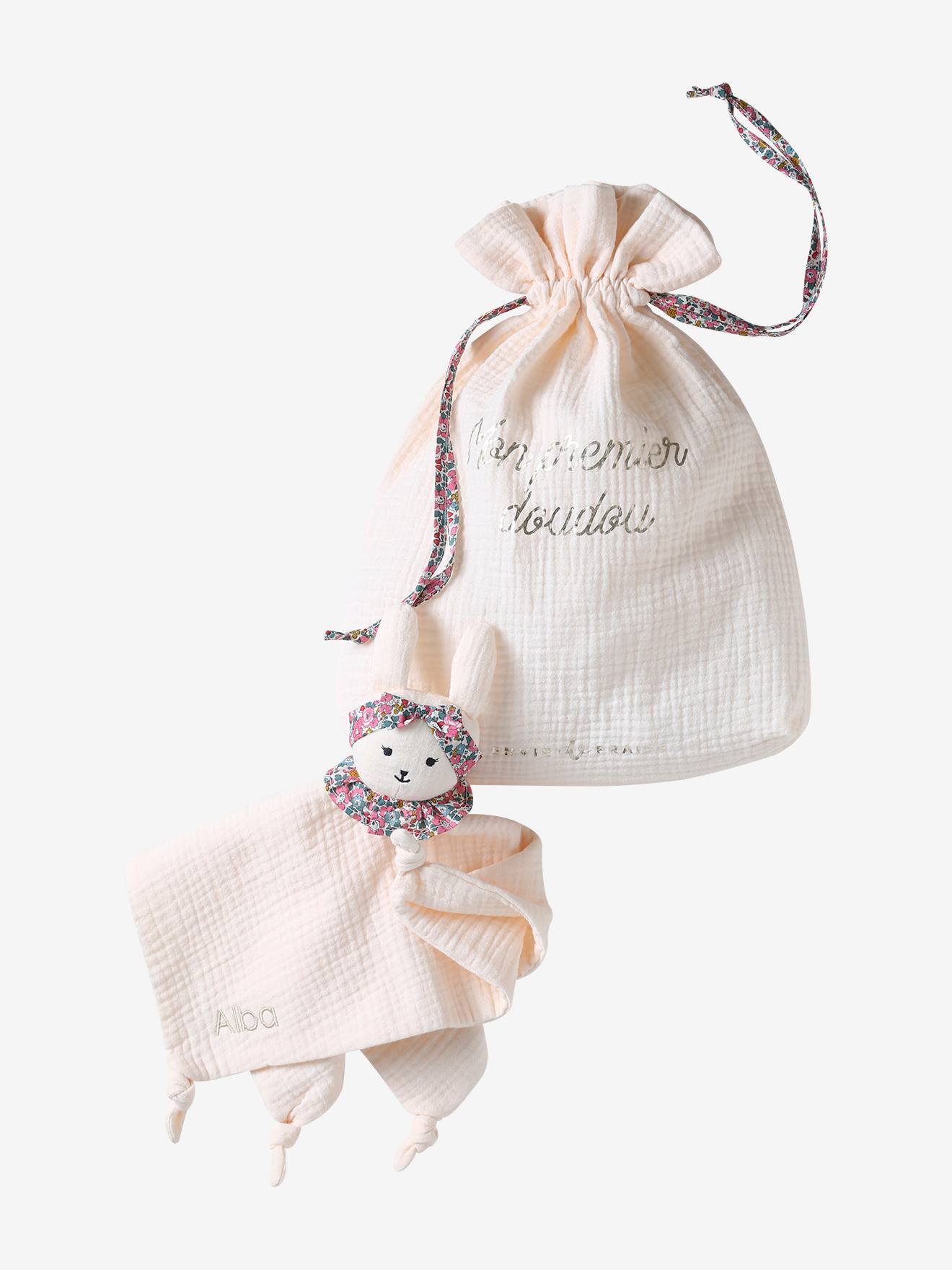 Doudou personnalisable en gaze de coton bio et tissu Liberty rose pâle (Envie De Fraise) - Image 2