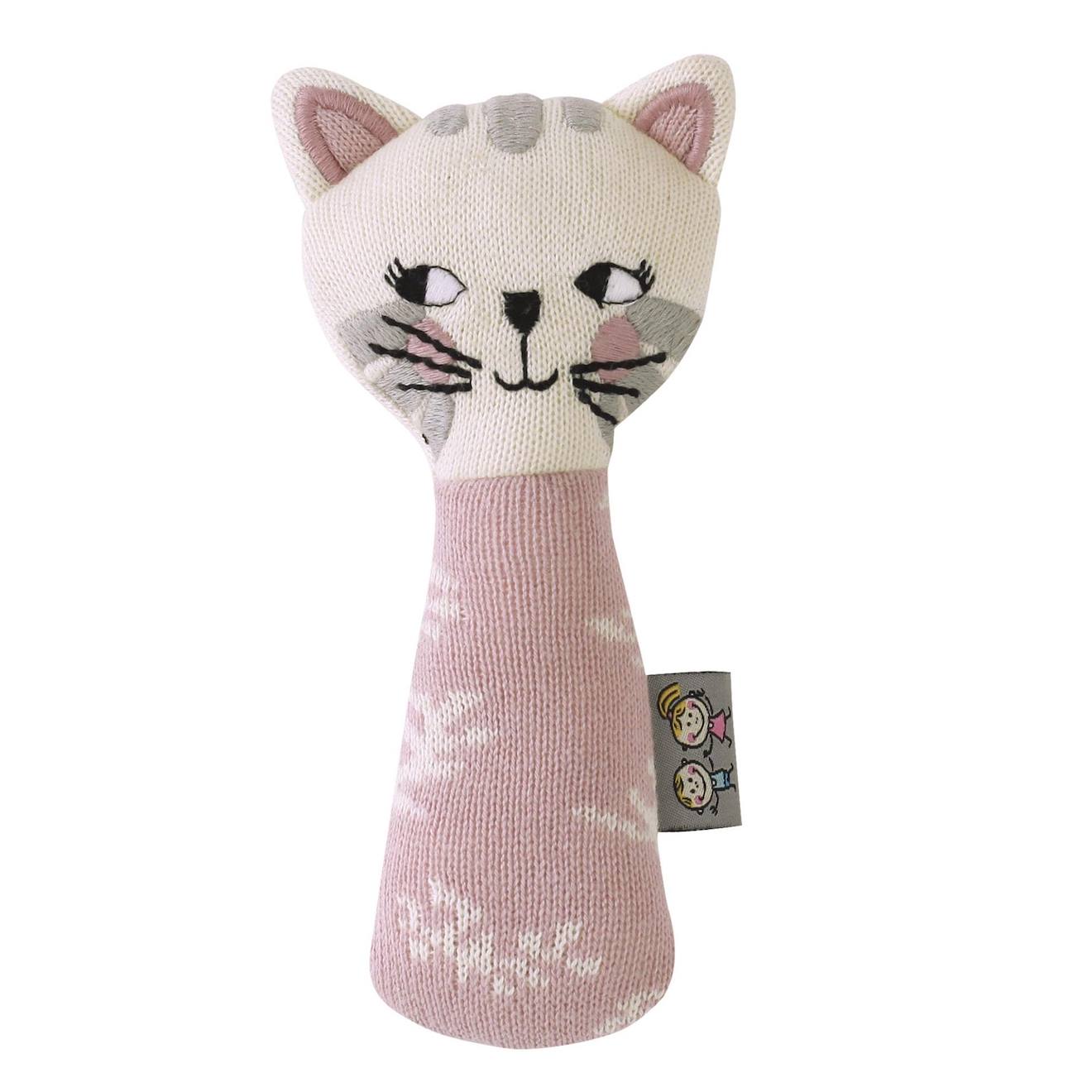Hochet Tricoté En Coton Bio Chaton Rose