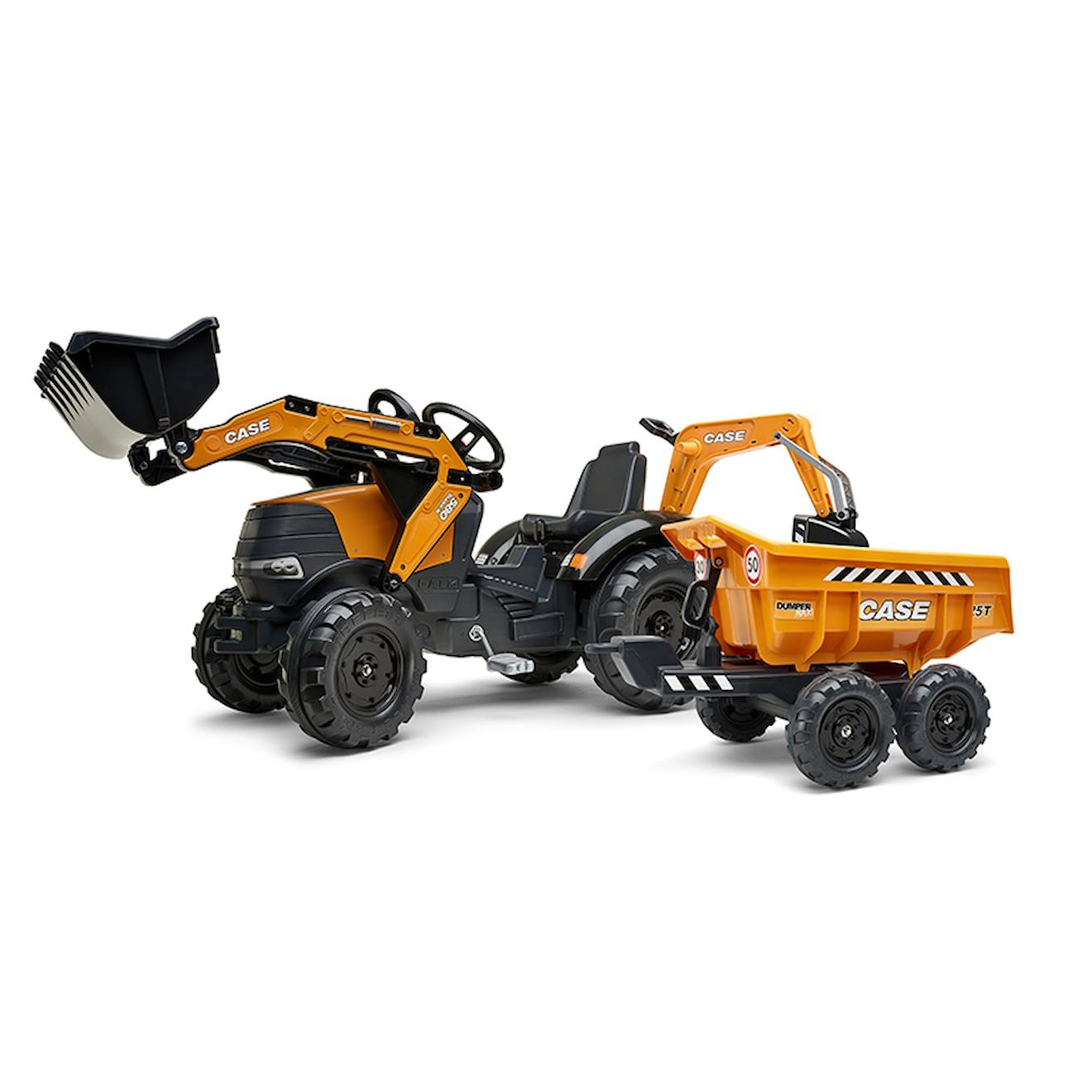 Tractopelle À Pédales Avec Excavatrice Arrière, Selle Pivotante Et Remorque Double Essieux Basculante Orange