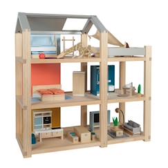 Jouet-Maison de poupées nature avec meubles
