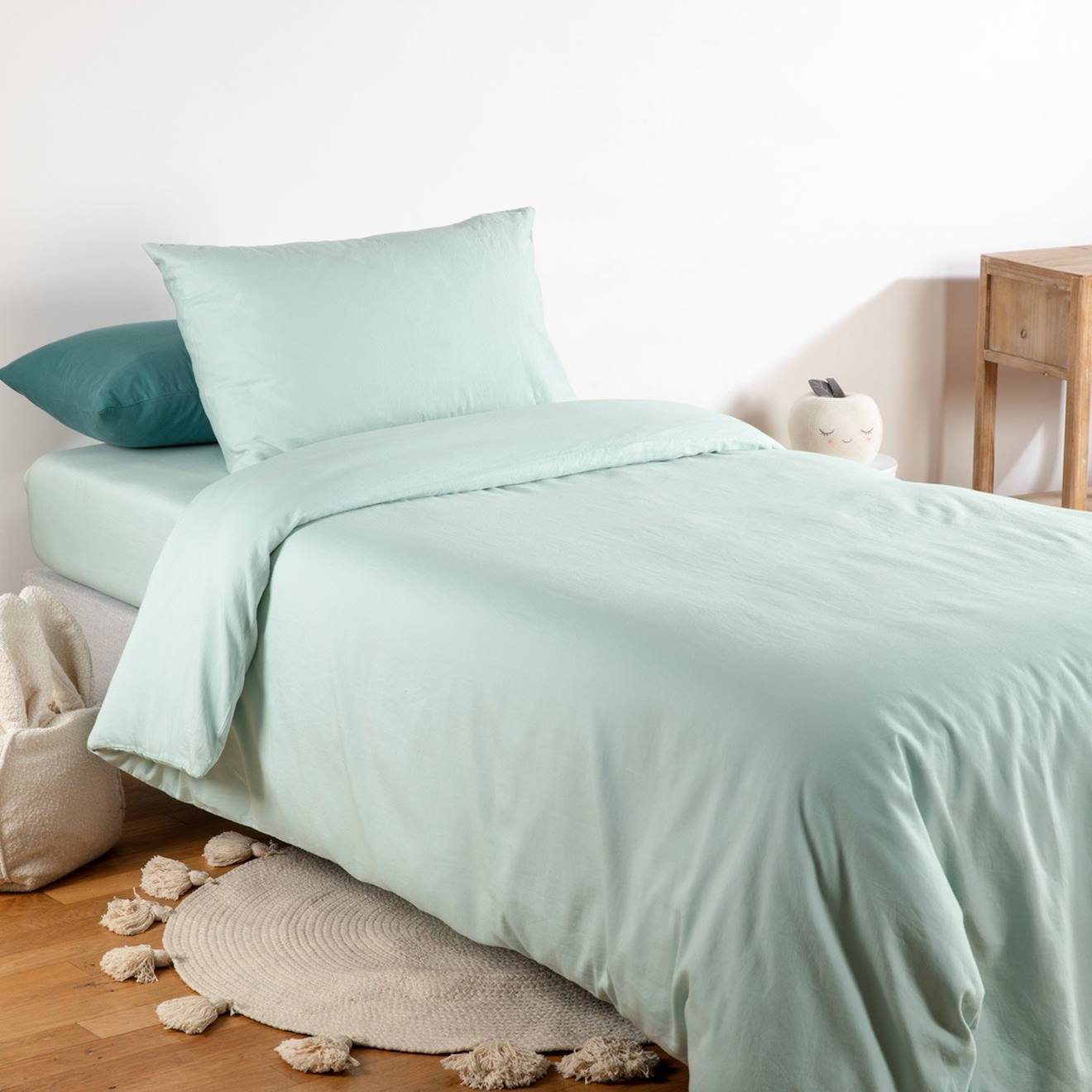Housse De Couette Pur Coton Bio Pour Lit 1 Personne Bleu Céladon