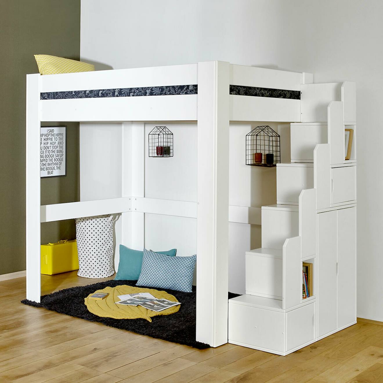 Lit Mezzanine Avec Escalier Bois Massif Lex Blanc