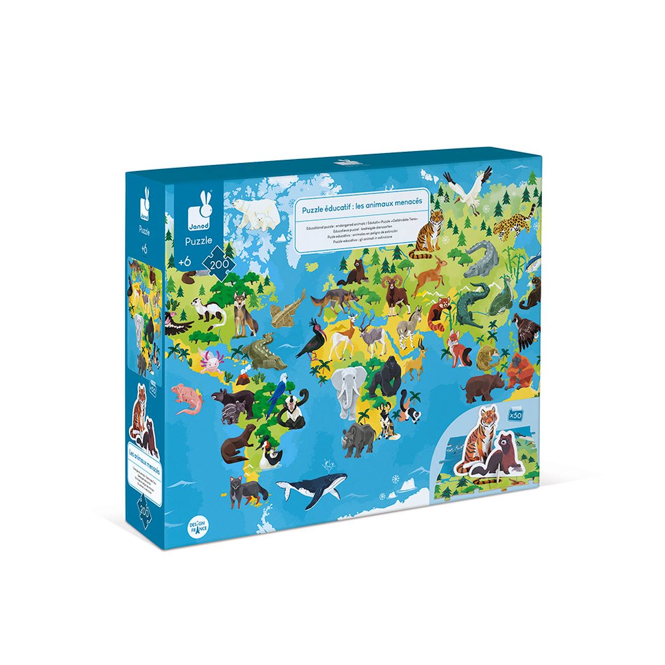Puzzle Éducatif Animaux Menacés 200 Pcs Bleu