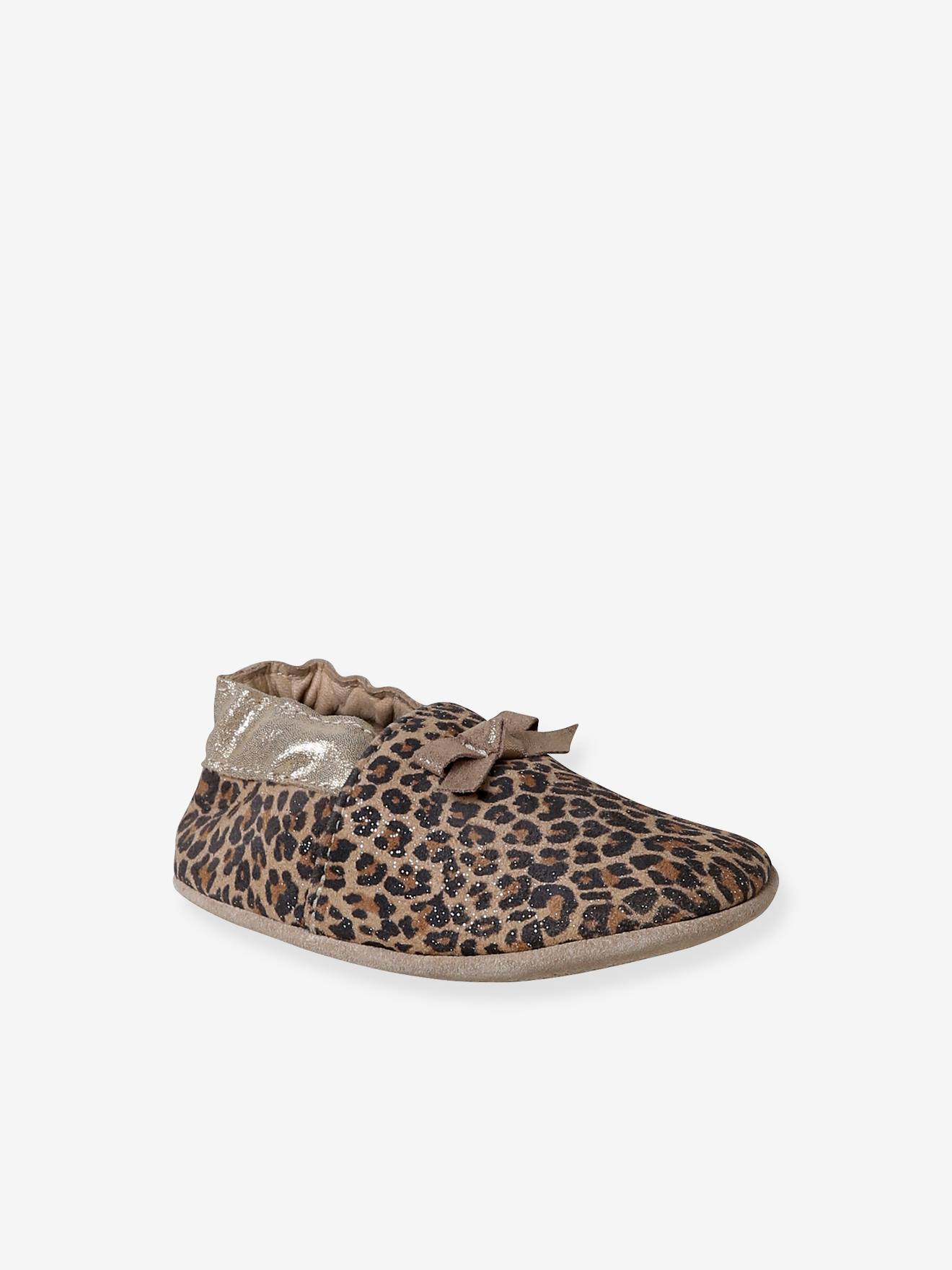 Chaussons élastiqués en cuir souple bébé beige imprimé