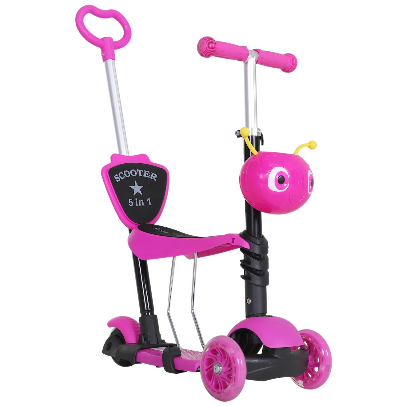 Trottinette Enfant Évolutive 3 Roues - Hauteur Guidon Réglable - Canne Telescopique - Selle Dossier Amovible Rose