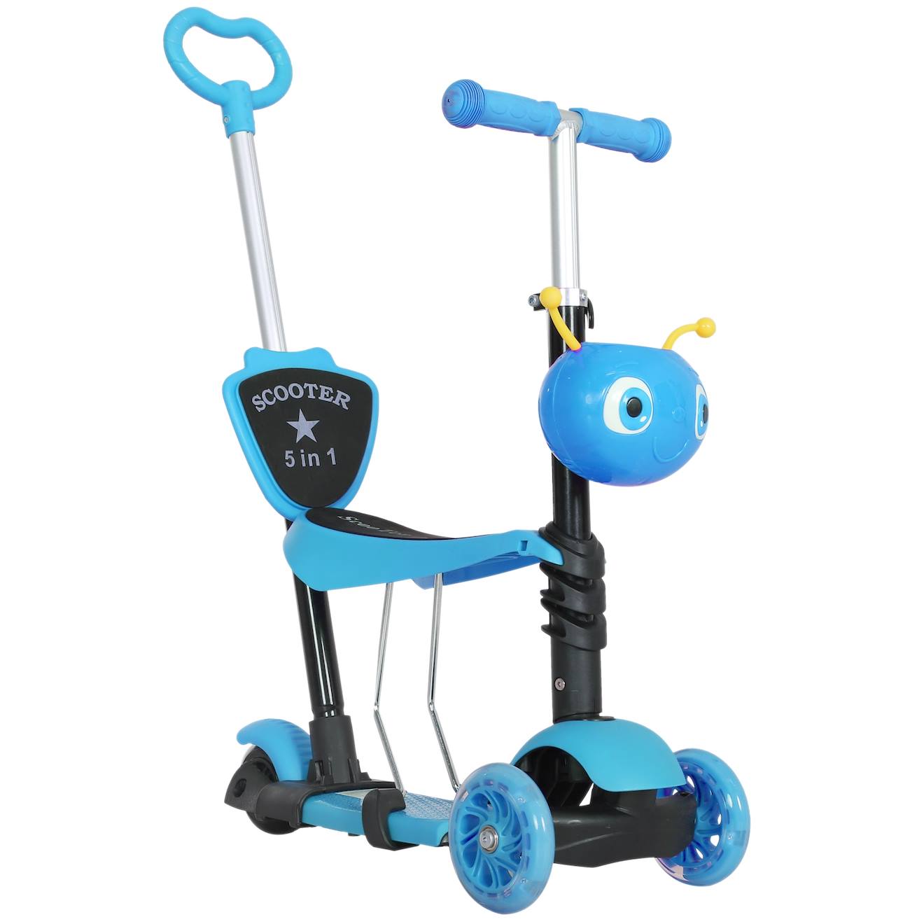 Trottinette Enfant Évolutive 3 Roues - Hauteur Guidon Réglable - Canne Telescopique - Selle Dossier Amovible Bleu