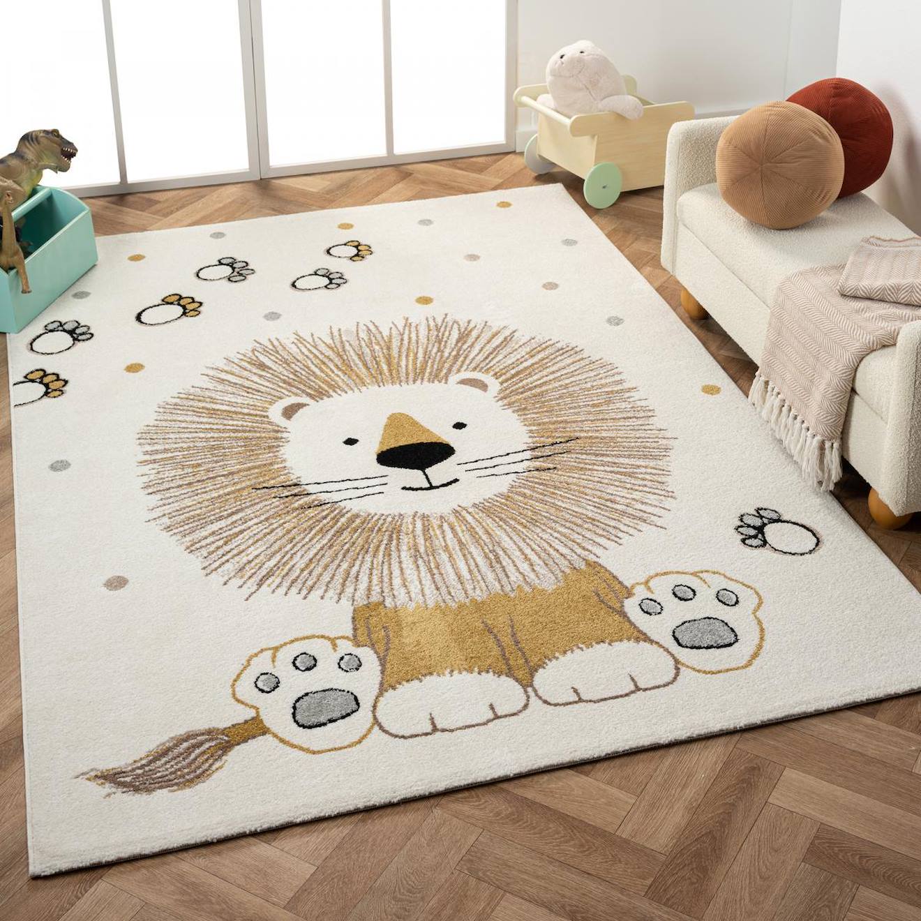 Tapis Enfant Tissé Motif Animaux Sweetlion Ecru