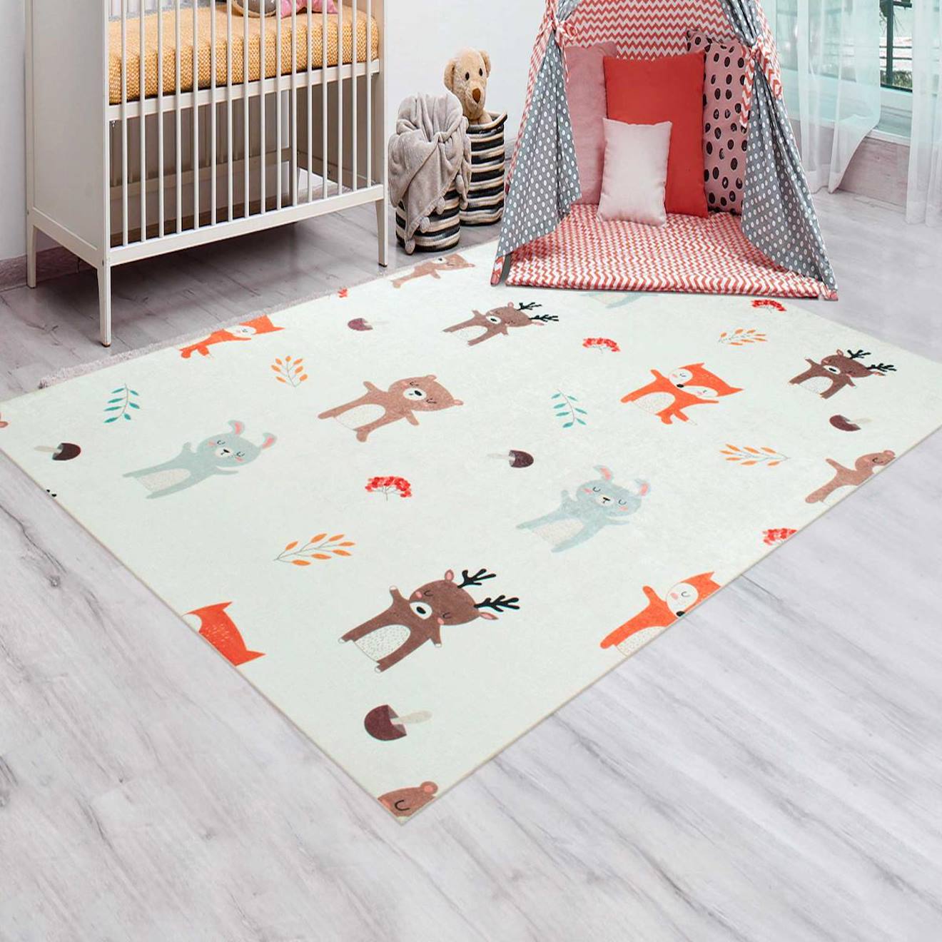 Tapis Enfant Tissé Motif Animaux Foret Crème