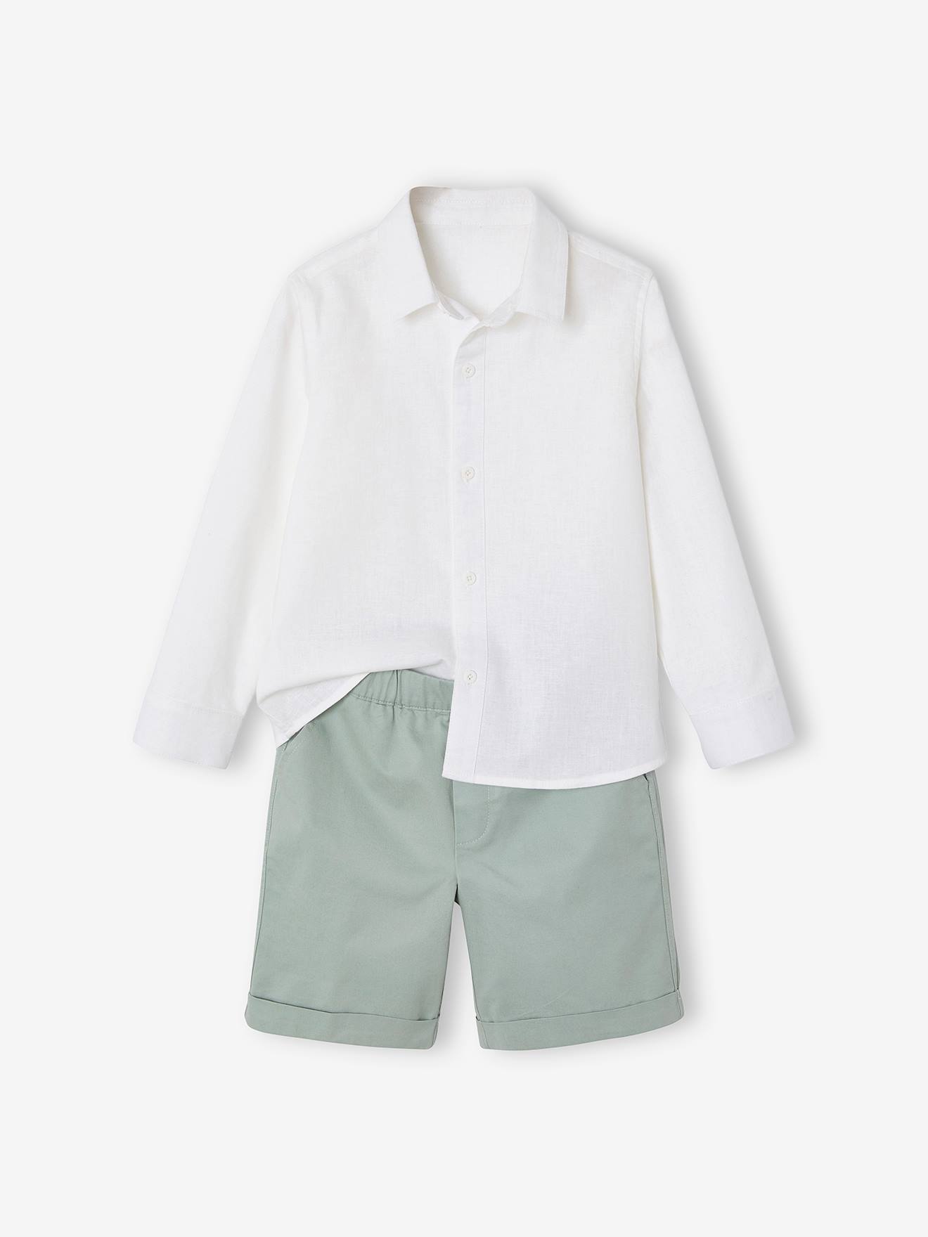 Ensemble céremonie chemise col Mao et bermuda garçon vert sauge